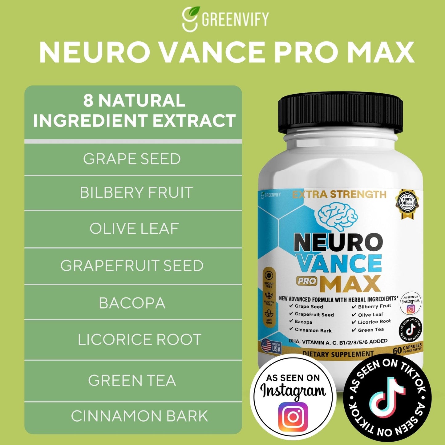 GREENVIFY Neuro Vance Pro Max Extra Strength Brain Supplement, 60 Capsules