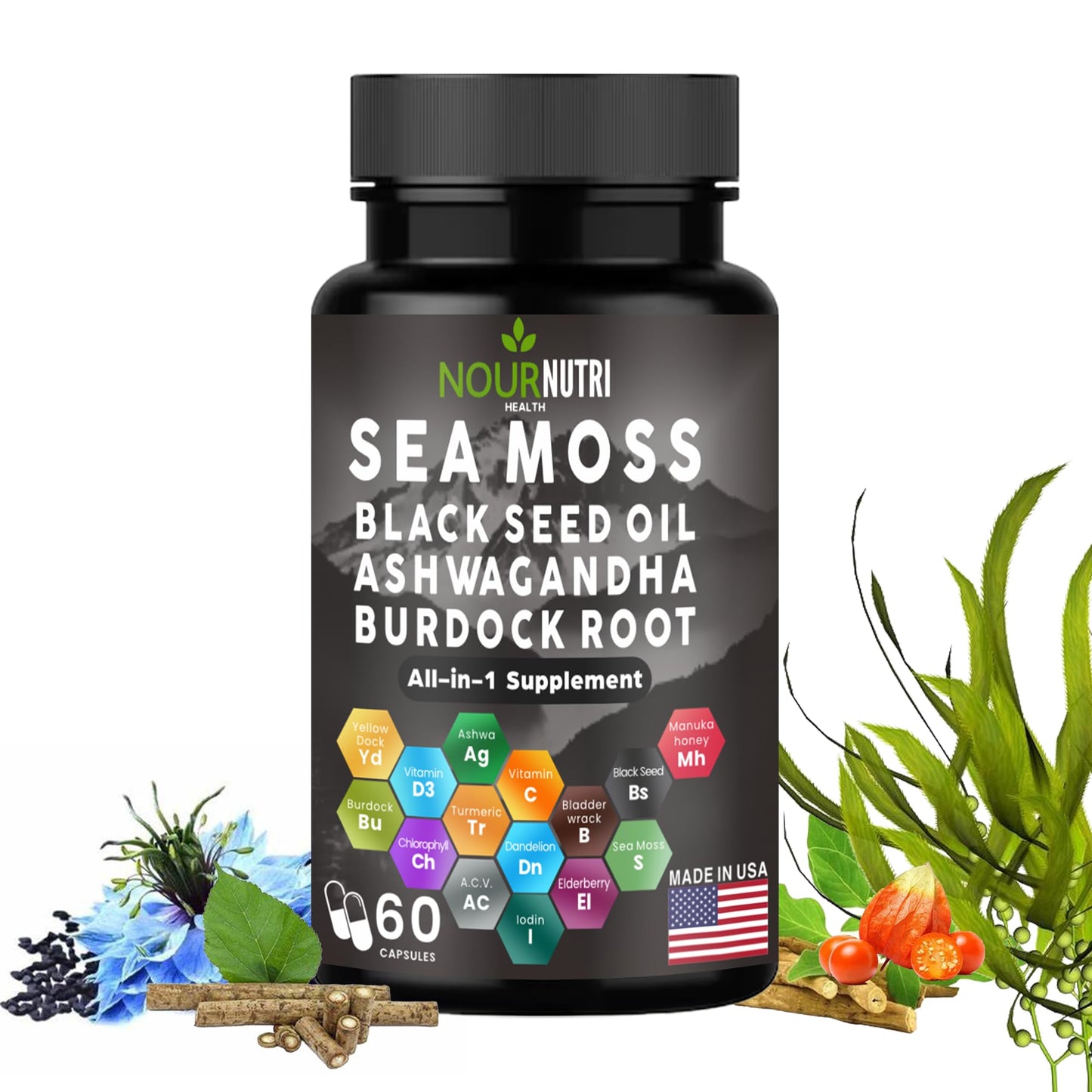 Nour Nutri Health Sea Moss & Herbal Blend Capsules, 60 Count