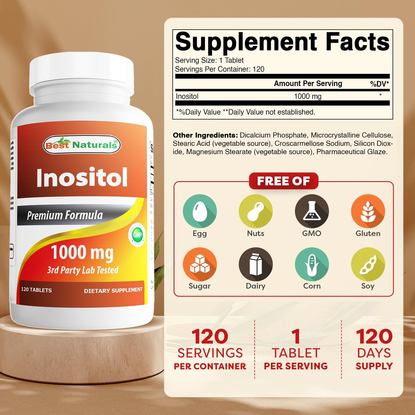Best Naturals Inositol 1000 mg Tablets, 120 Count