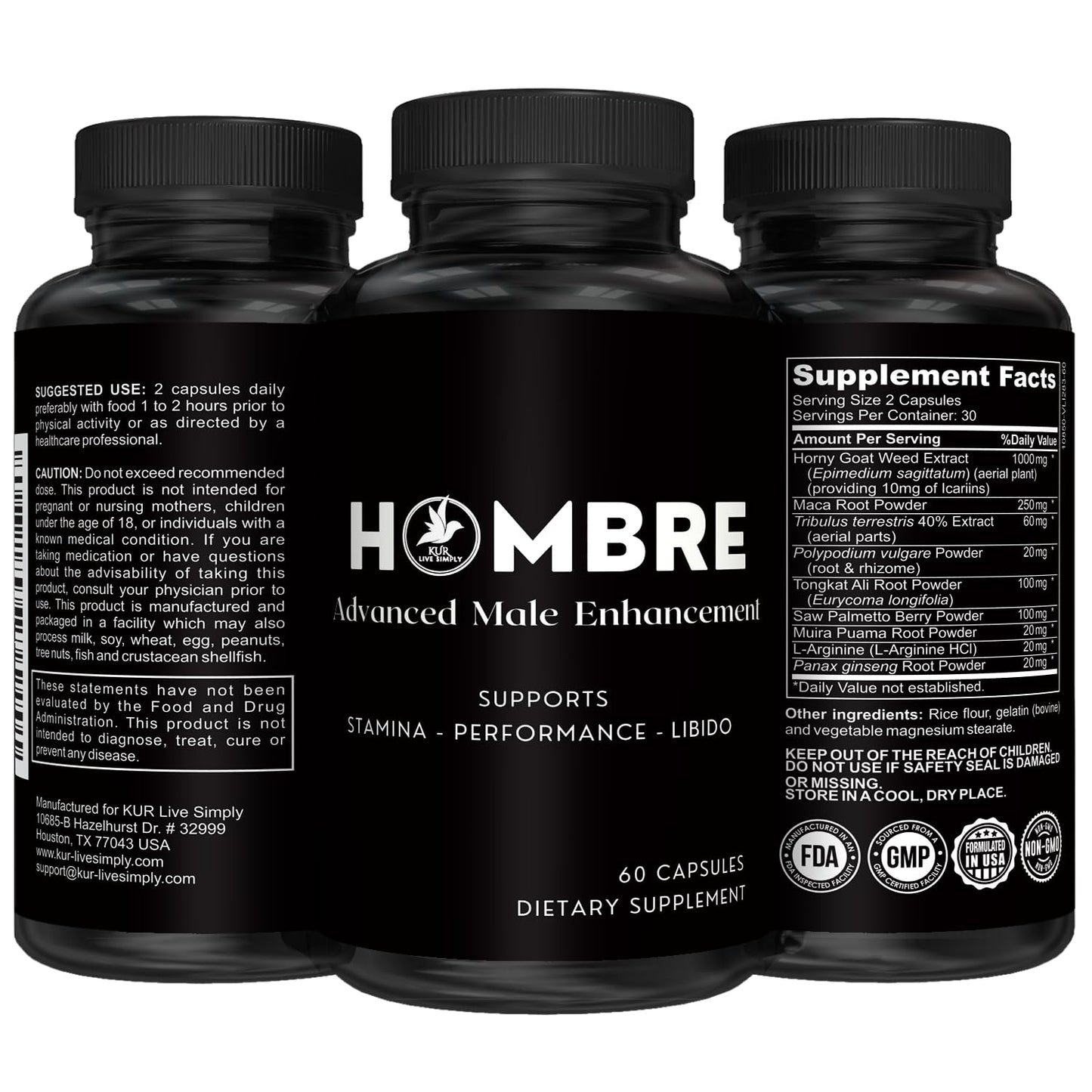 KUR Live Simply Hombre Male Enhancing Supplement 60 Capsules