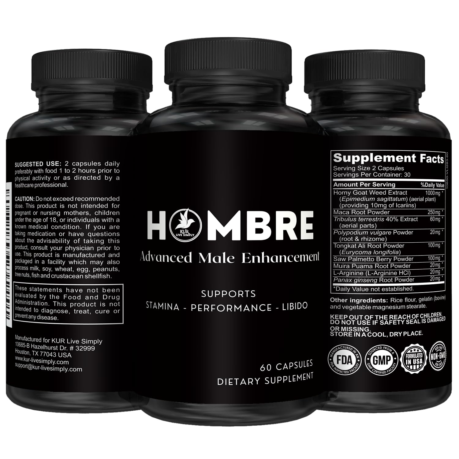 KUR Live Simply Hombre Male Enhancing Supplement 60 Capsules
