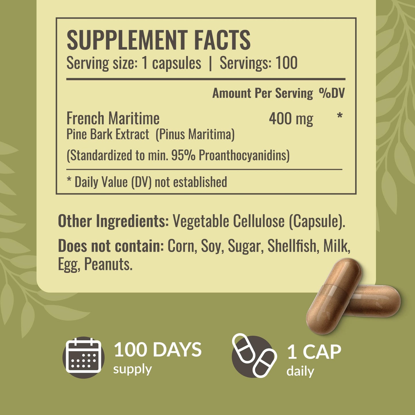 HERBAMAMA Pine Bark Extract Capsules 400mg French Maritime Pine Bark Extract Powder for Antioxidant Support - Vegan, Non-GMO Pinus Pinaster Supplement, 100 Capsules