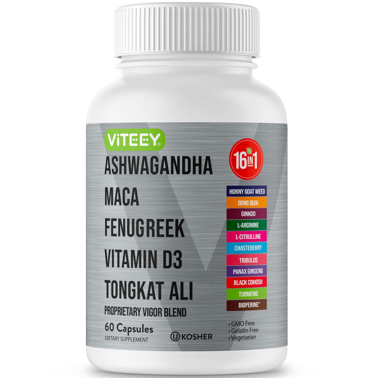 Viteey Ashwagandha Maca Fenugreek Supplement with Tongkat Ali 60 Capsules