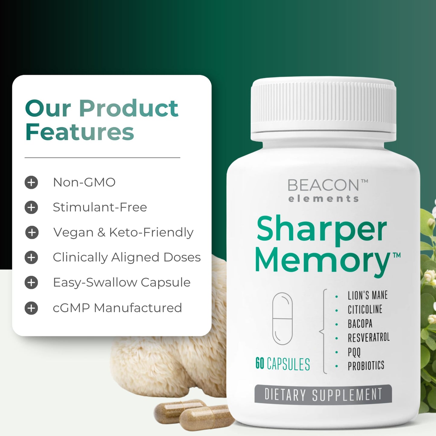 BEACON ELEMENTS Sharper Memory Brain Supplement for Memory & Focus Capsules, 60 Count