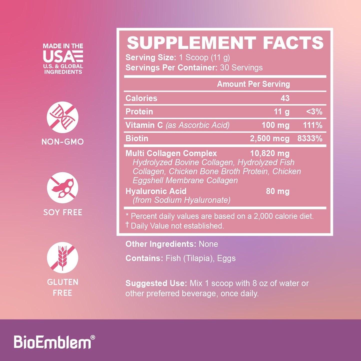 BioEmblem Beauty Collagen - Multi Collagen Complex, Hyaluronic Acid, Vitamin C & Biotin - Bovine, Fish, Chicken Bone Broth & Eggshell Membrane Sources Powder, 11.6 oz