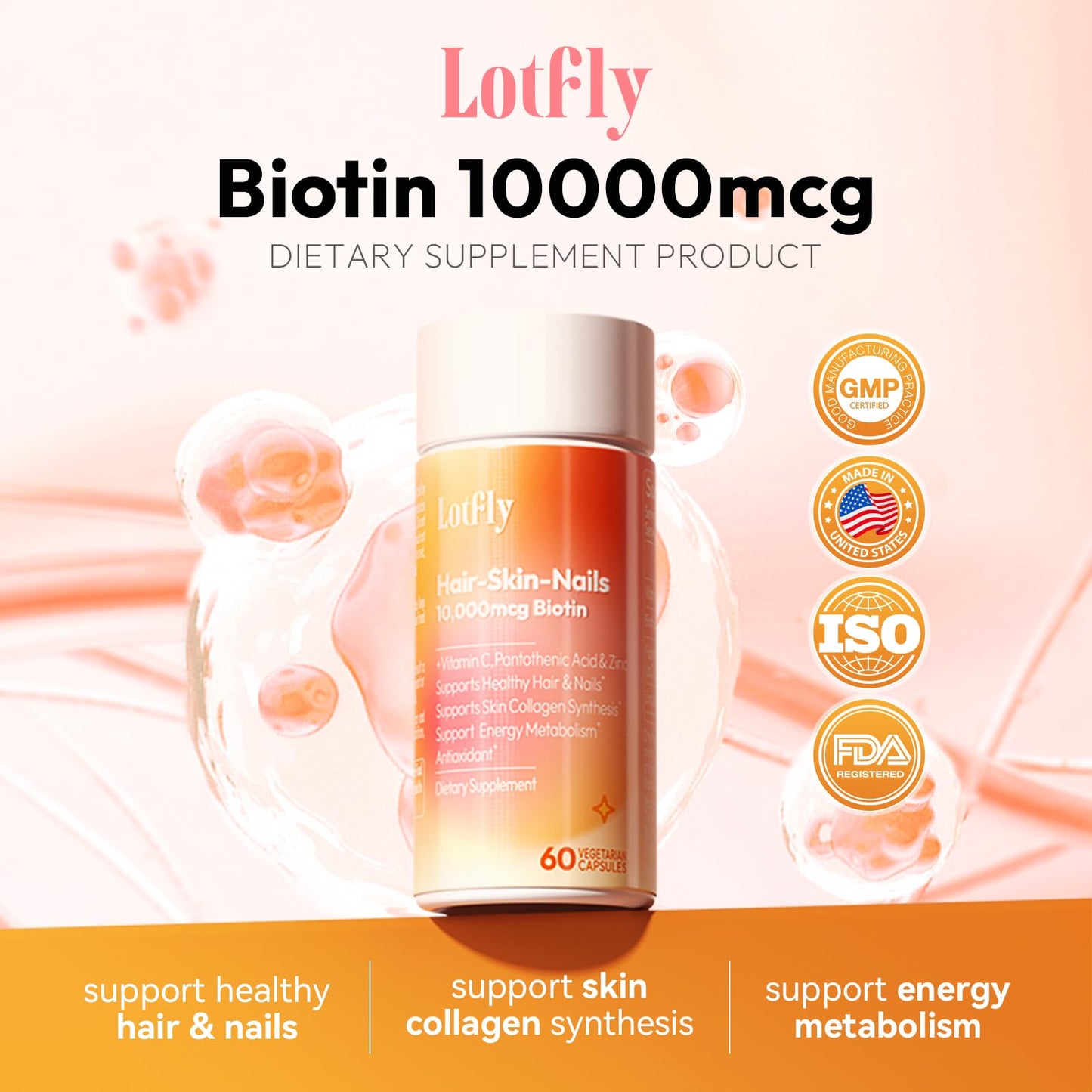 LOTFLY Biotin 10000 mcg with Zinc, Vitamin C & Calcium Pantothenate Capsules, 60 Count