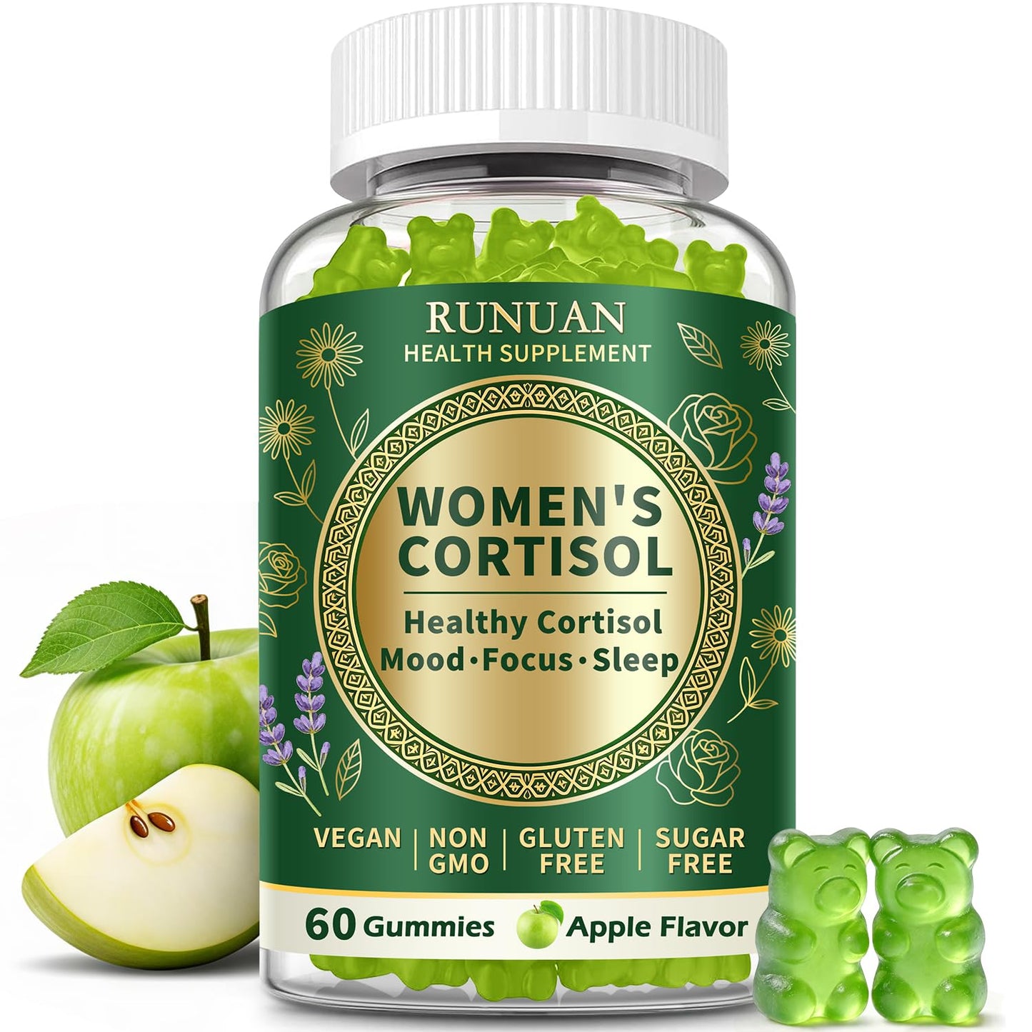 RUNUAN Cortisol Gummies for Women Men, Stress Balance Calm Mood Support, 60 Gummies