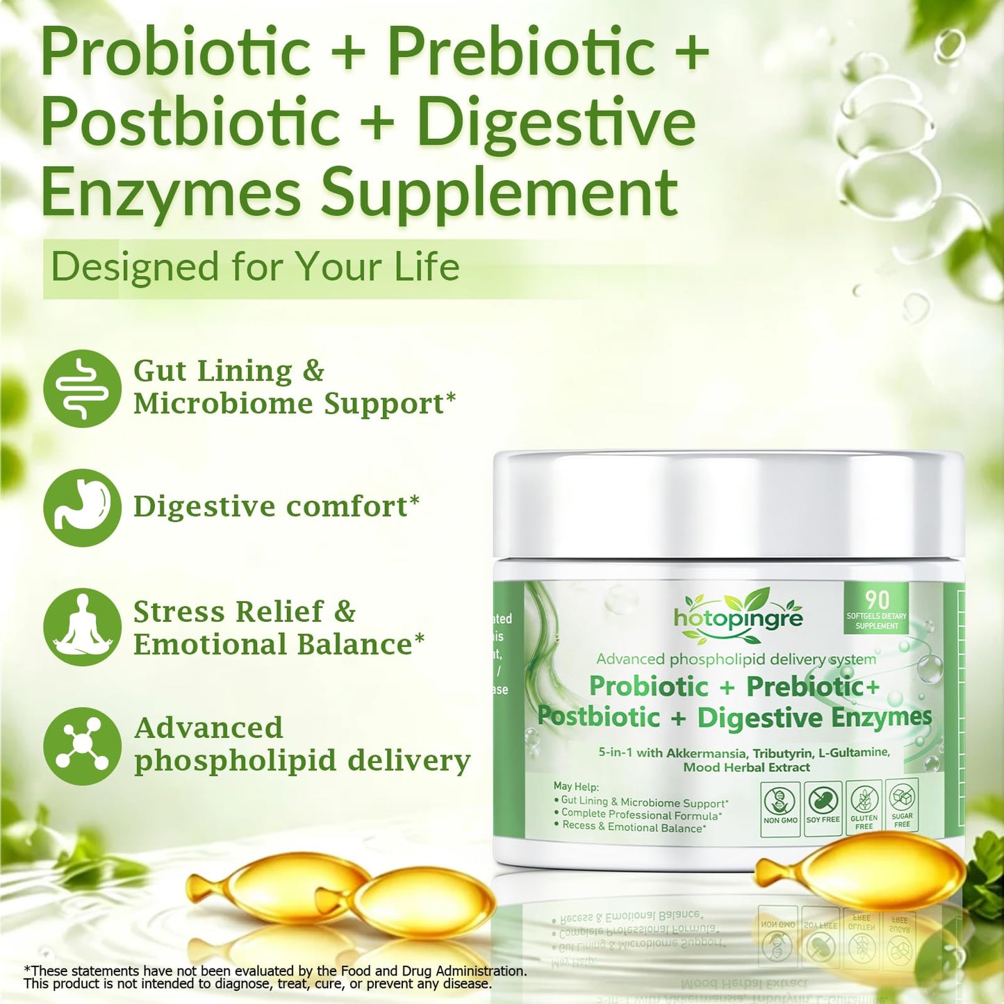 Hotopingre 5-in-1 Probiotic Prebiotic & Postbiotic for Women and Men Softgel 90 Count