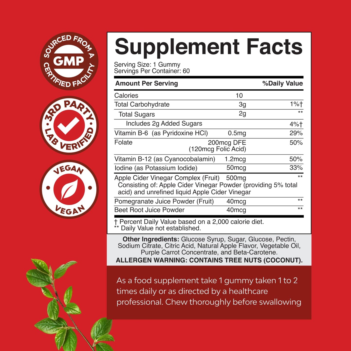 Natures Craft Apple Cider Vinegar Gummies for Weight Loss, Detox & Gut Health with B12, B6 & Pomegranate, 60 Gummies