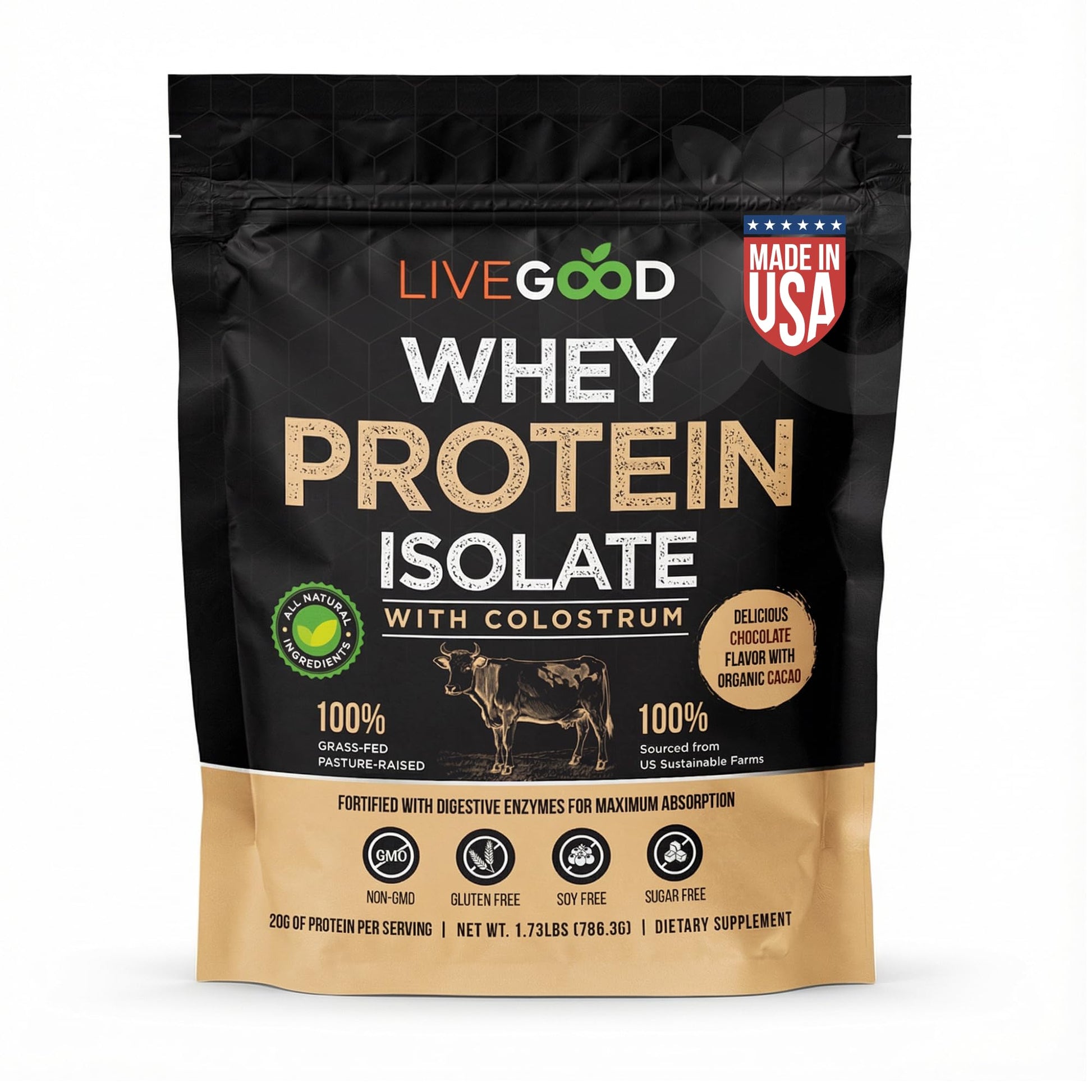 LIVEGOOD Whey Protein Isolate with Colostrum Protein Powder, Chocolate, 27.7