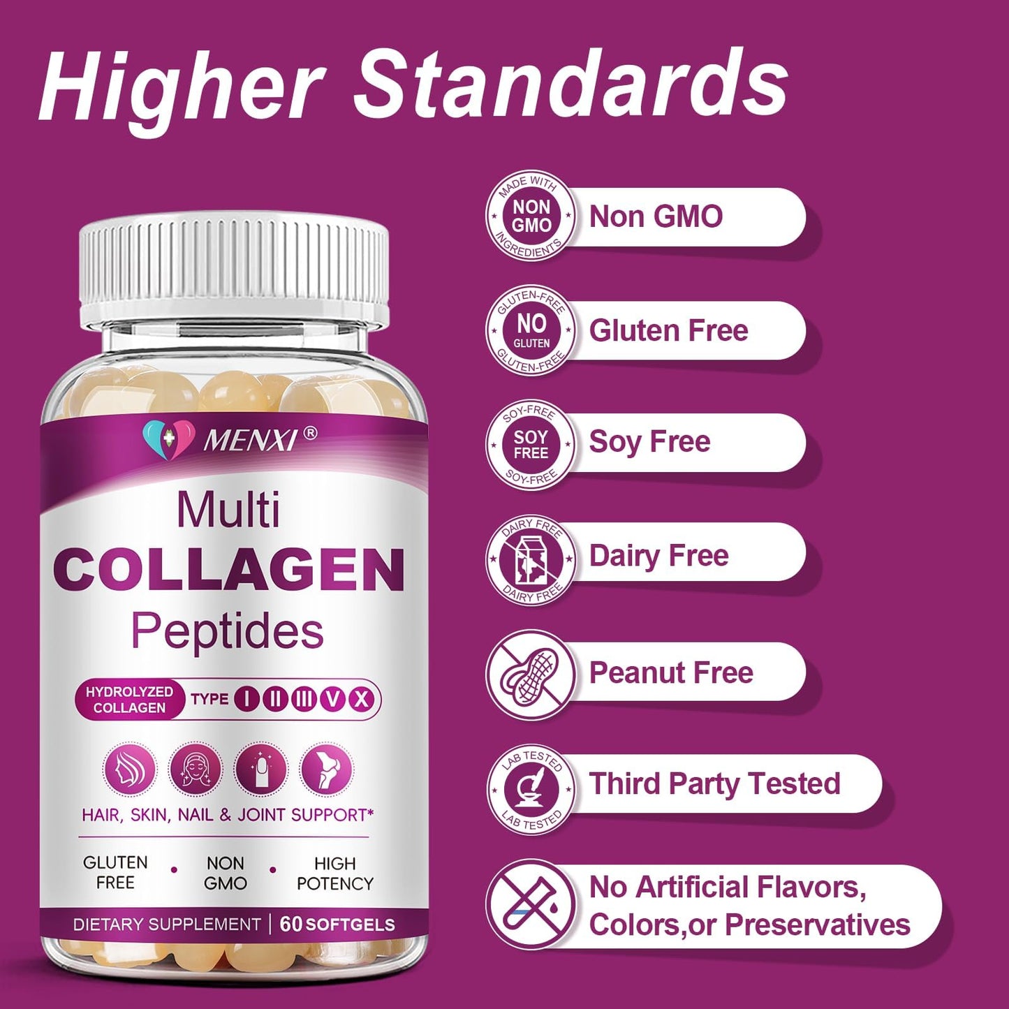 MENXI Multi Collagen Peptides Softgel 60 Count