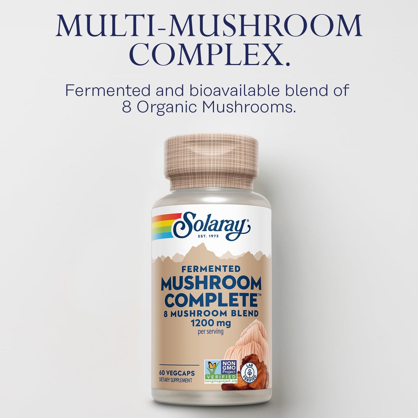 SOLARAY Fermented Mushroom Complete - Organic Chaga, Reishi, Shiitake, Cordyceps, Turkey Tail Mushroom and Lions Mane Supplement Capsules, 60 Count