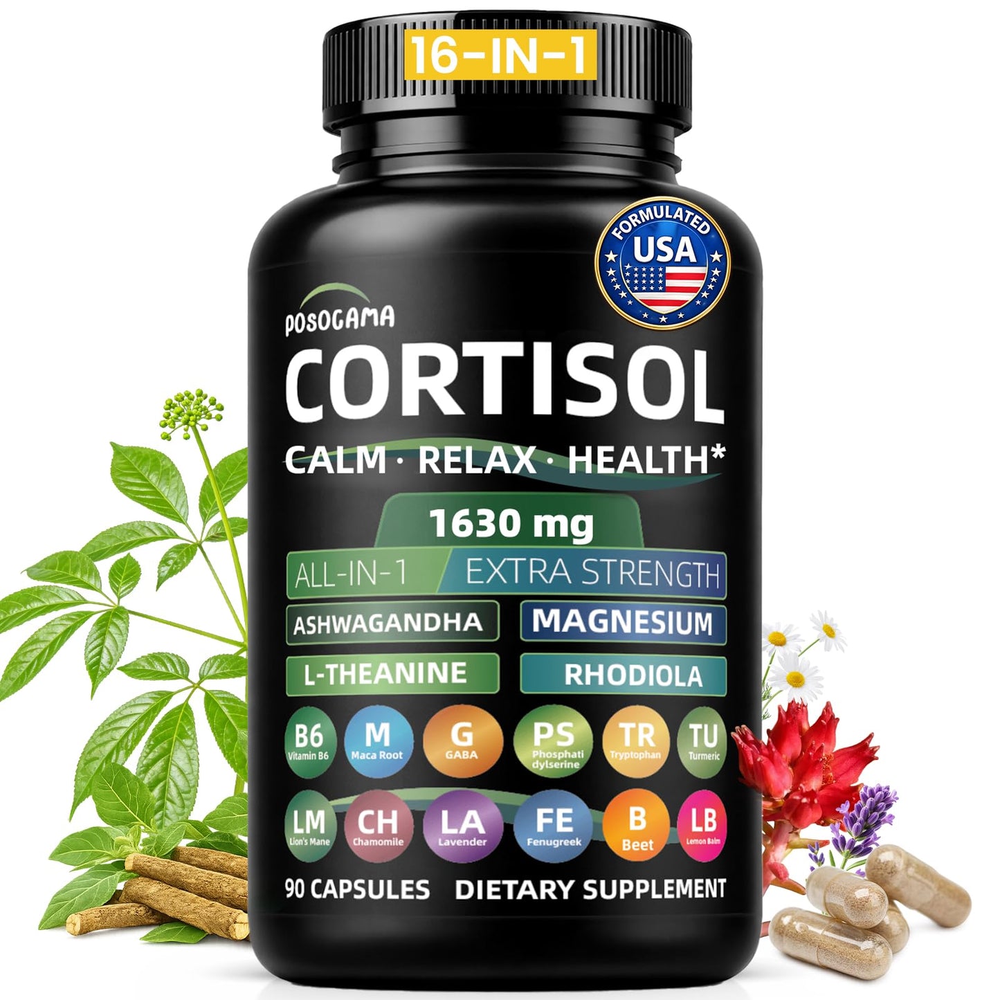 POSOCAMA Cortisol Supplements Capsules 90 Count