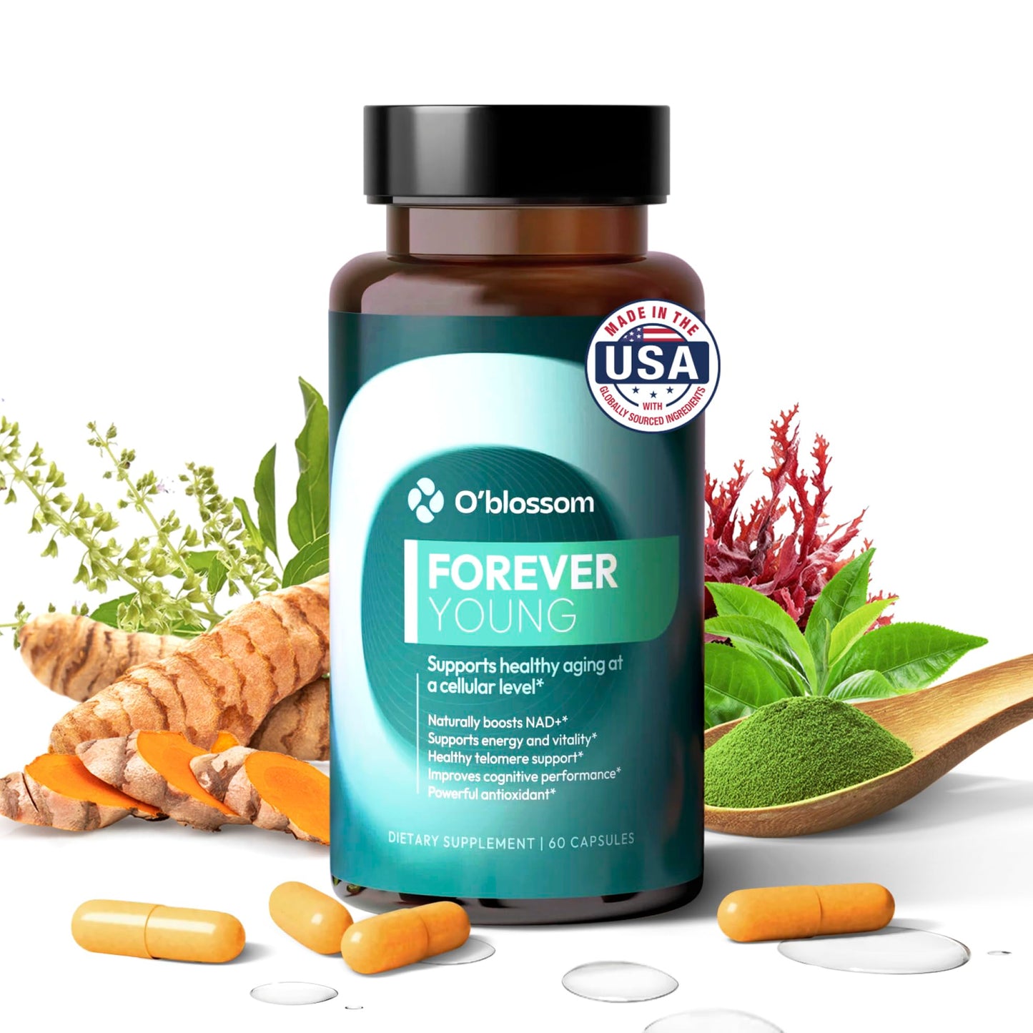 O'blossom Forever Young NAD+ Supplement NMN Resveratrol NADH Capsules 60