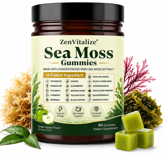 ZenVitalize Sea Moss Gummies 16-in-1, Irish Sea Moss Supplement for Women & Men with Black Seed Oil, Ashwagandha, Bladderwrack, Burdock Root, Elderberry, Vitamins C & D3, 60 Count