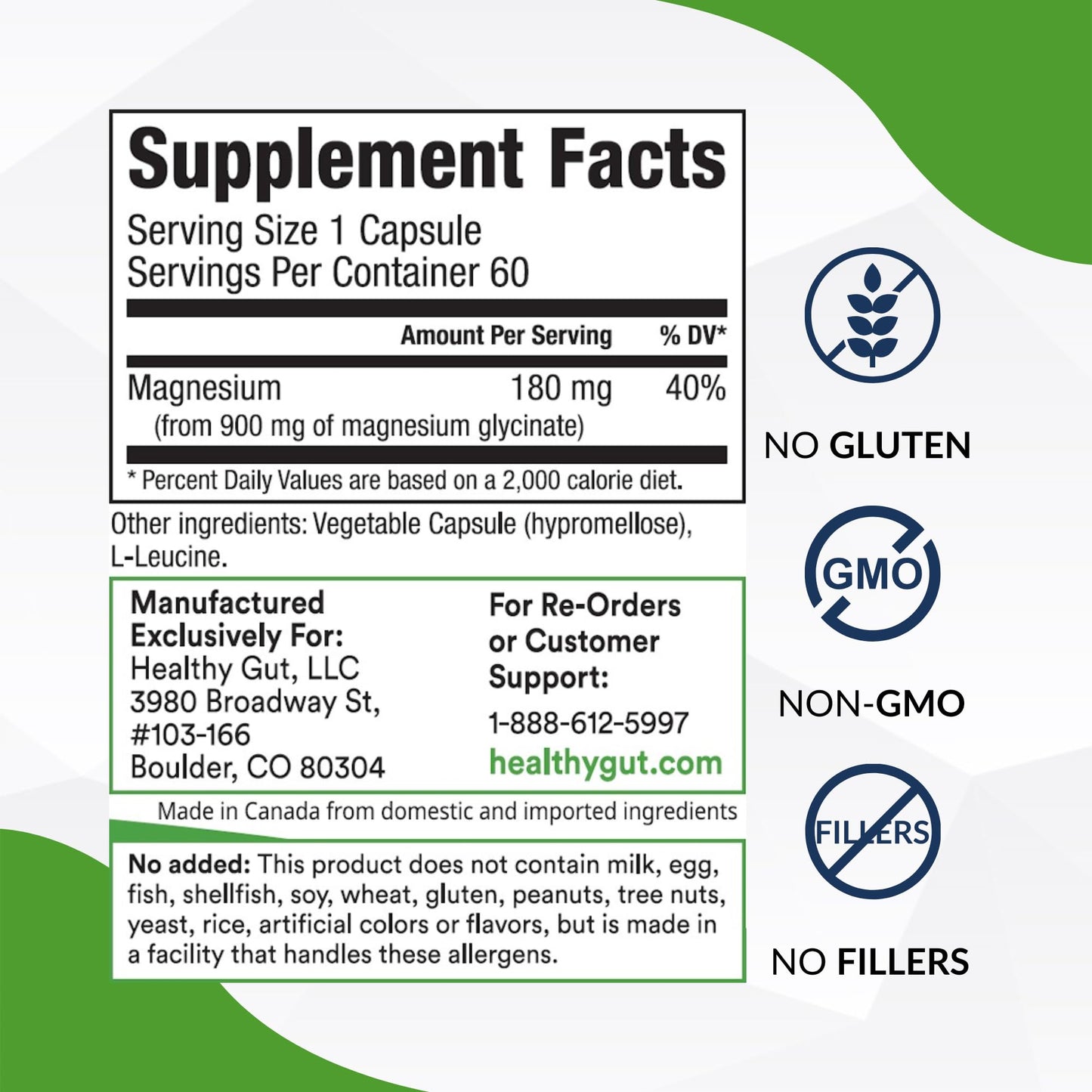 Healthy Gut Magnesium-HP Ultra Pure Magnesium Glycinate Capsules, 60 Count