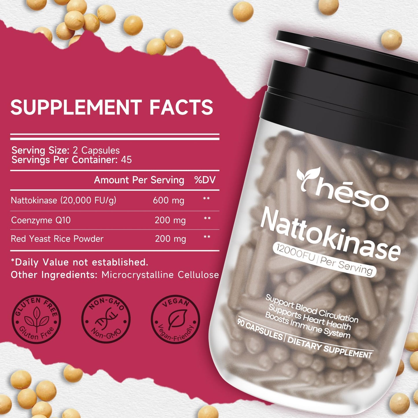 Yheso Nattokinase Supplement 600mg with CoQ10 Capsule, 90 Count