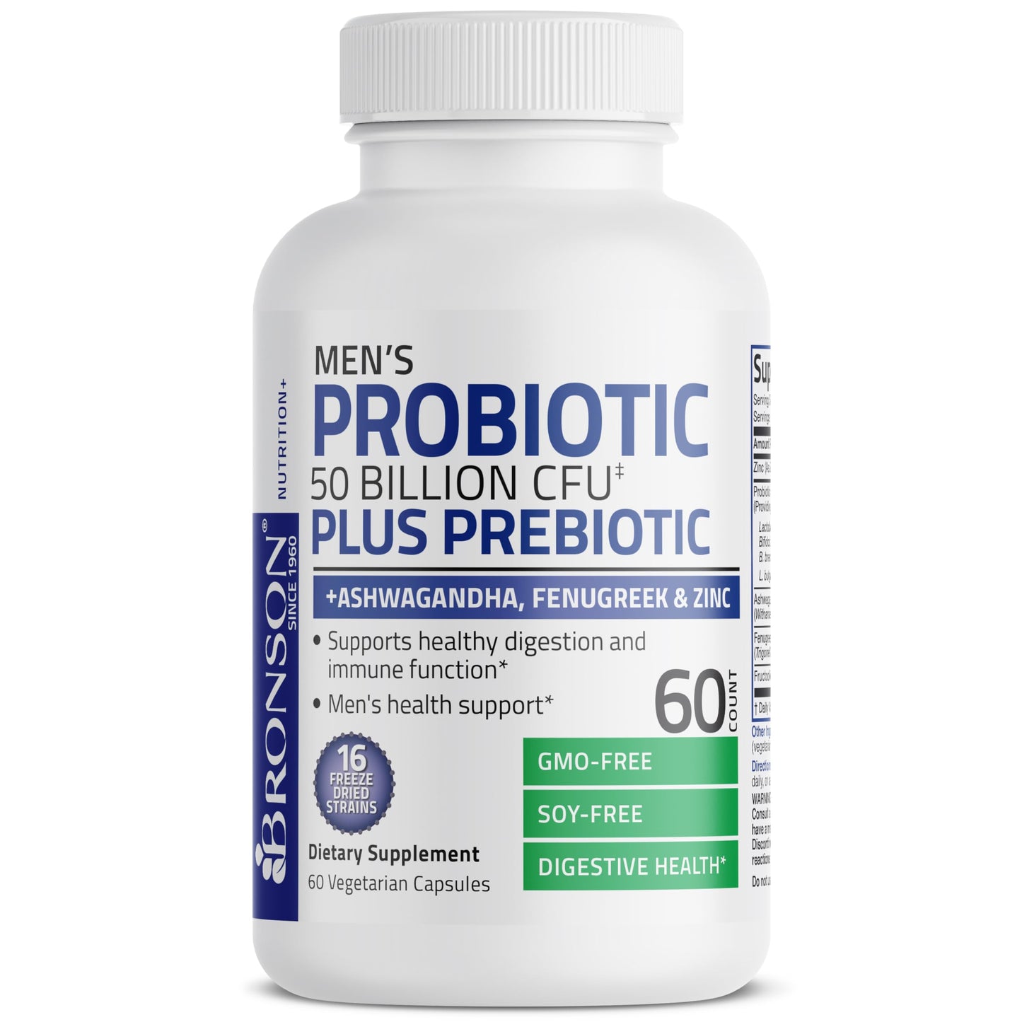 Bronson Men's Probiotic 50 Billion CFU Plus Prebiotic with Ashwagandha, Fenugreek & Zinc, Supports Healthy Digestion & Immune Function Non-GMO, 60 Capsules