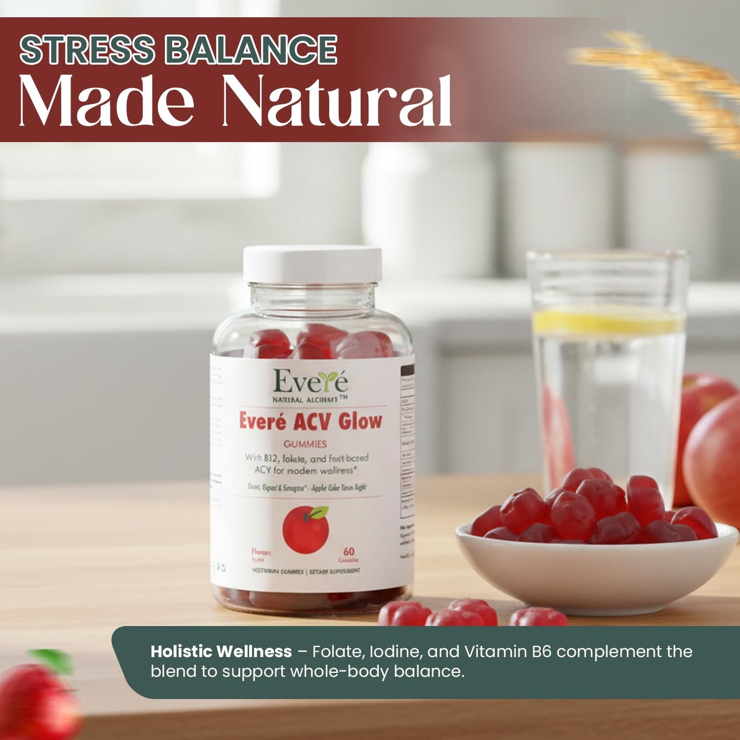 The EverÉ Natural Alchemy ACV Glow Gummies – Apple Cider Vinegar with B12, B6, Iodine, Folate, Beetroot & Pomegranate – Daily Wellness Support for Energy & Balance 60 Count