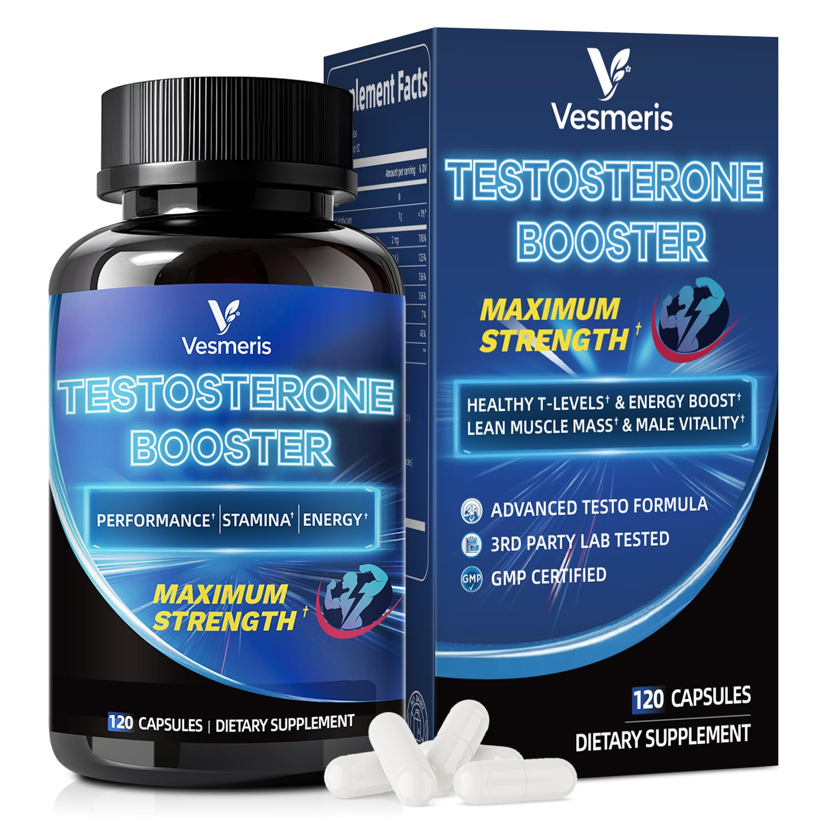 Vesmeris Testosterone Booster for Men - 16-in-1 Complex Male Enhancing Supplement - Tongkat Ali, Fenugreek, Horny Goat Weed - Natural Workout Supplement for Energy, Stamina, Muscle, Strength & Drive - 120 Capsules