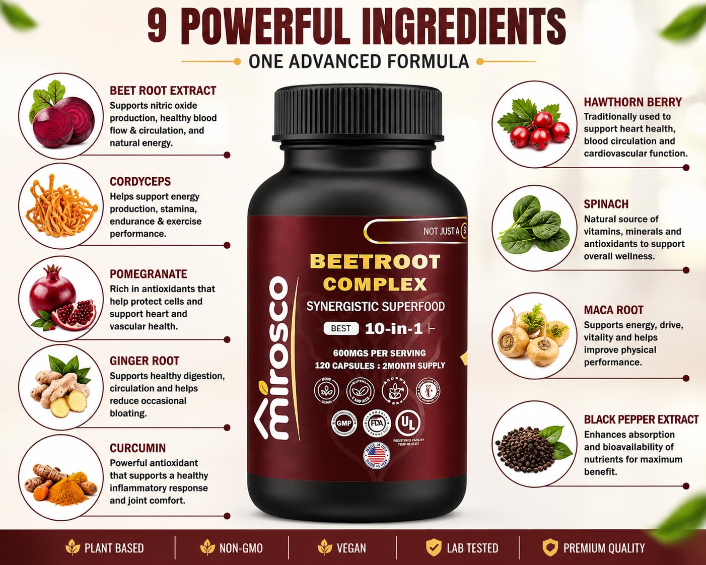 Mirosco Organic Beet Root Capsules 6000mg, 120 Capsules