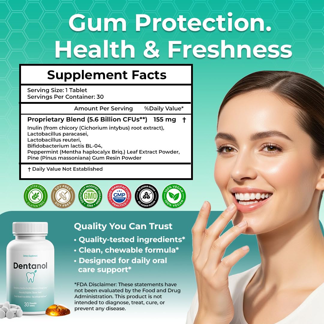 DENTANOL Oral Probiotic Supplement with Arctic Pine Resin & 4 Probiotic Strains, Chewable, 30 Count