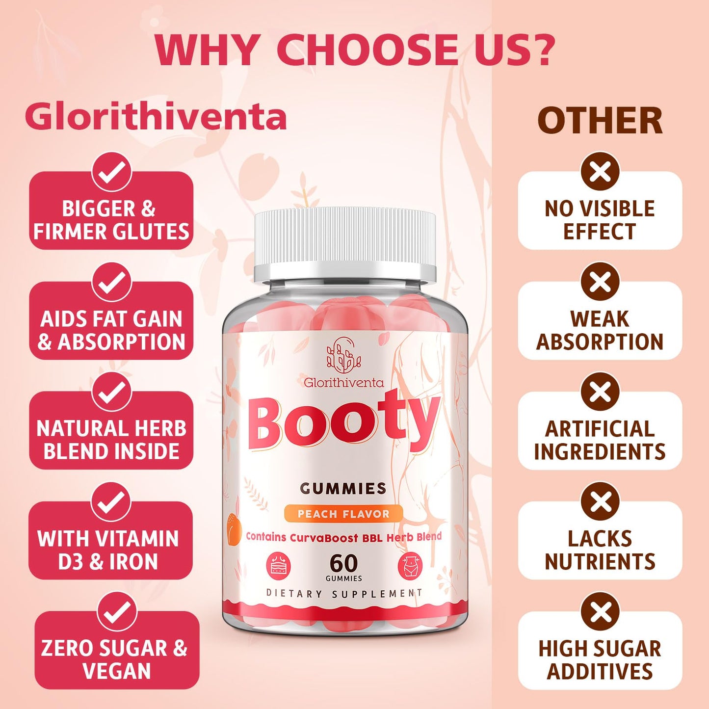 Glorithiventa Booty Gummies for Women with Creatine Monohydrate, Milk Thistle, Vitamin D3 & Herbal Blend, Peach Flavor, 60 Gummies