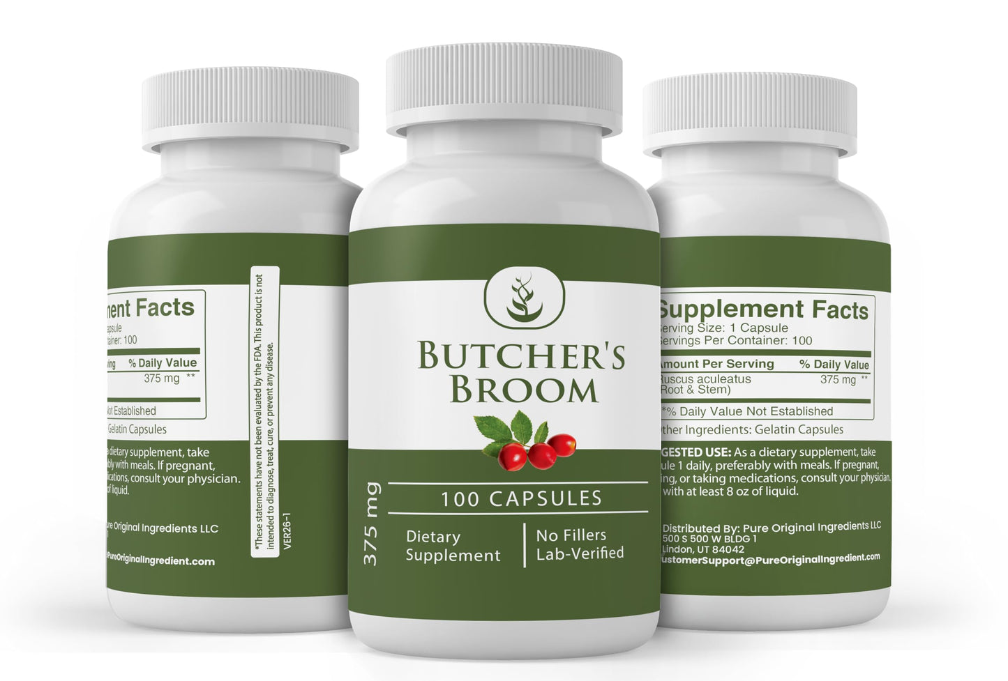 PURE ORIGINAL INGREDIENTS Butcher's Broom Capsules 100 Count