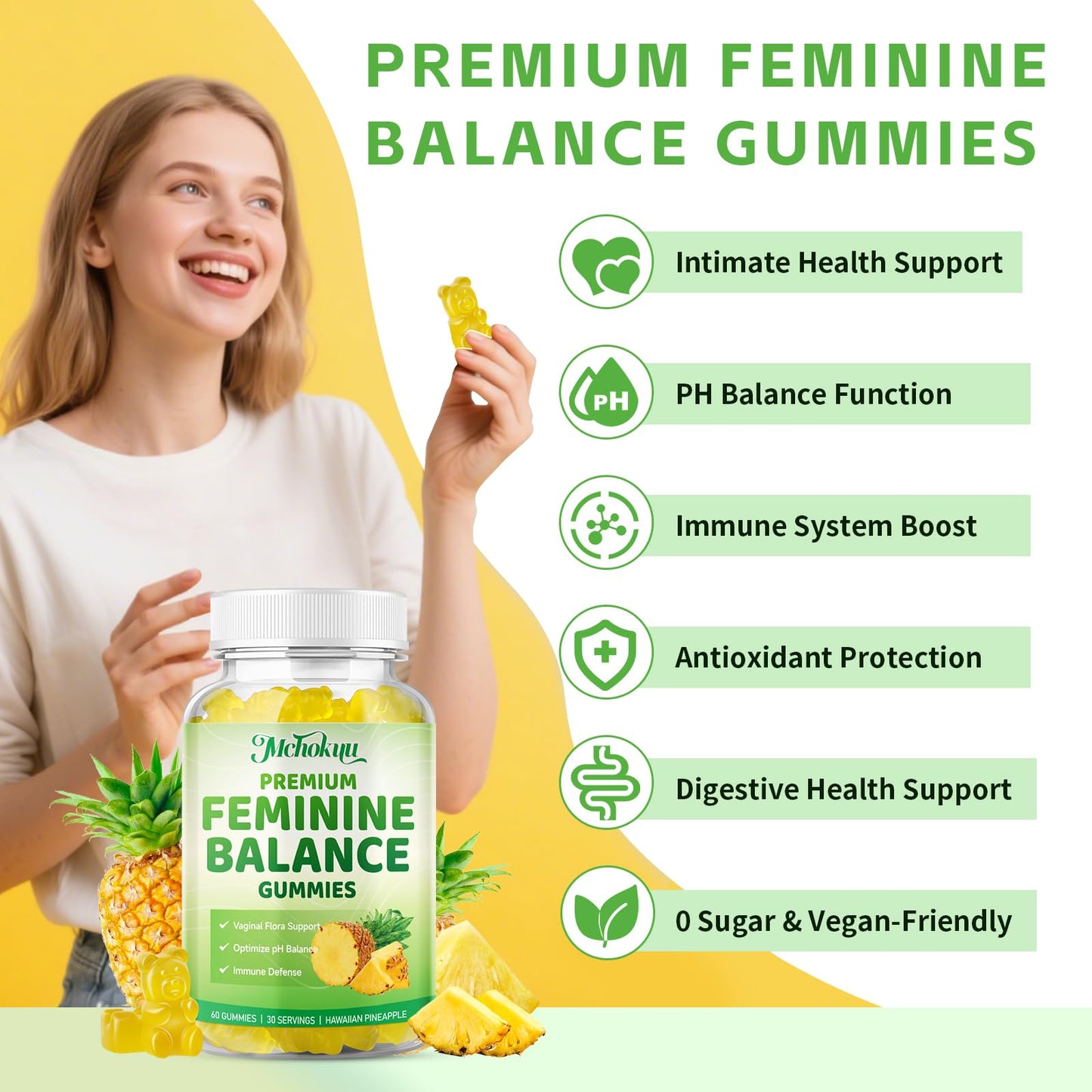 Mchokuu Premium Feminine Balance Gummies for Women pH Balance Support & Immune Health, Sugar Free, Non-GMO, Vegan, Gluten-Free - 60 Gummies