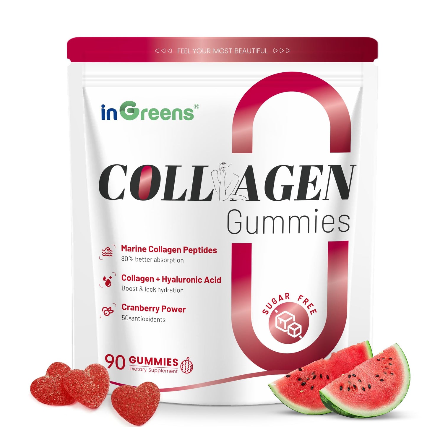inGreens Collagen Peptides Gummies for Women, 5000mg Hydrolyzed Marine Collagen, Sugar Free with Type I, II, III & Biotin, 90 Count