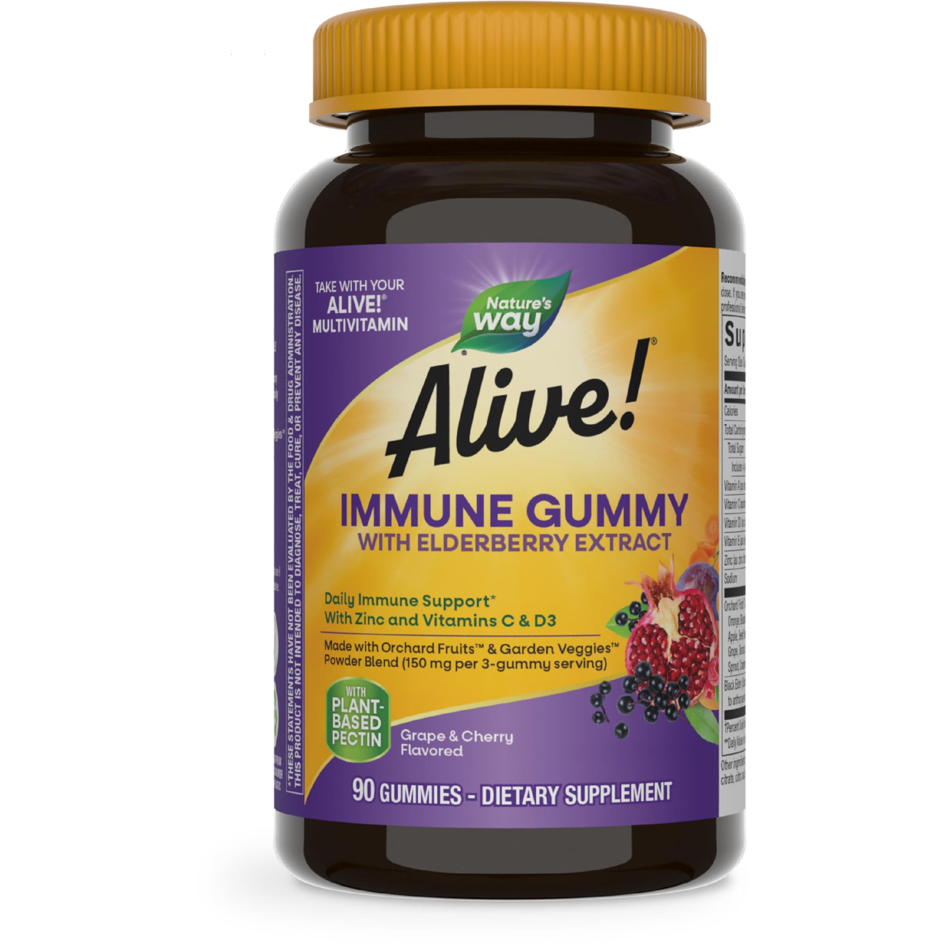 Nature's Way Alive! Immune Support Gummies with Elderberry Extract, Vitamins C & D3, Zinc, No Gluten, Grape & Cherry Flavored, 90 Gummies