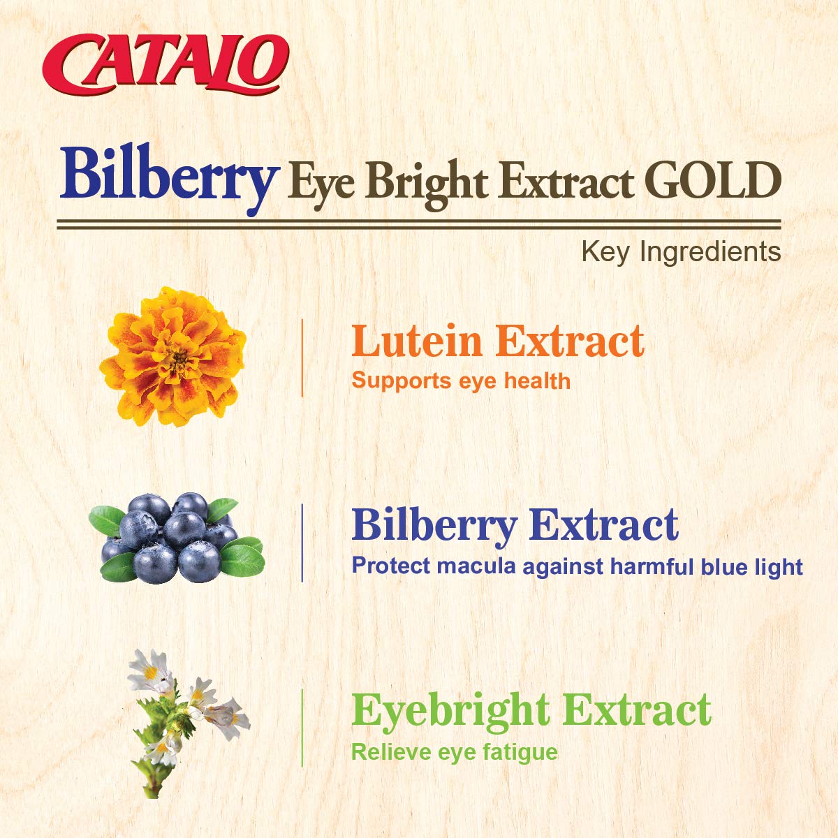 CATALO Bilberry Eyebright Extract Gold Eye Vitamins with Bilberry Lutein and Zeaxanthin, 60 Capsules