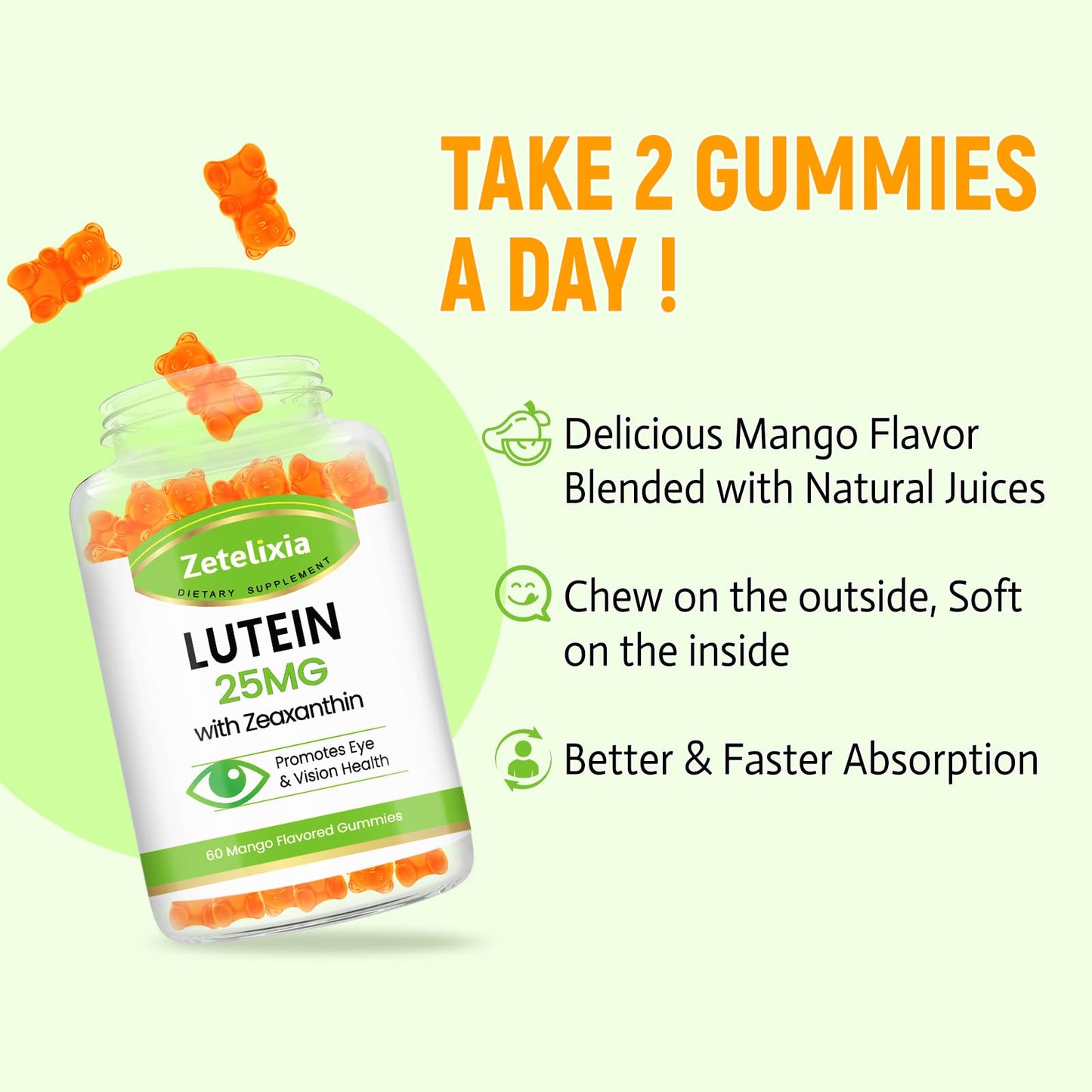 Zetelixia Lutein Gummies 25mg - Eye Health Supplements with Lutein & Zeaxanthin, Sugar-Free, 120 Count
