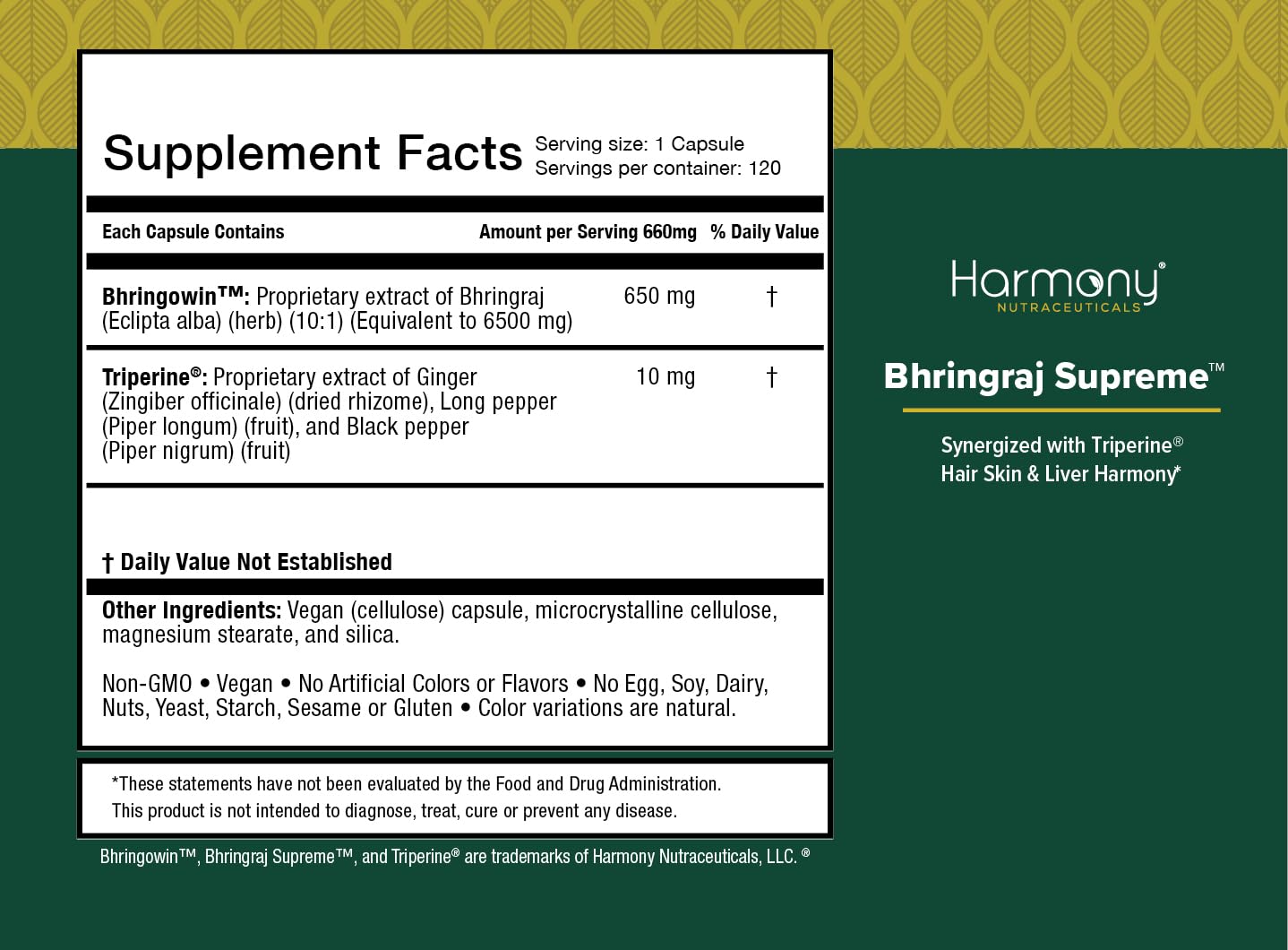 Harmony Nutraceuticals Bhringraj Supreme with Triperine, Ayurvedic Herbal Supplement for Hair, Skin and Liver Support Capsules, 120 Count