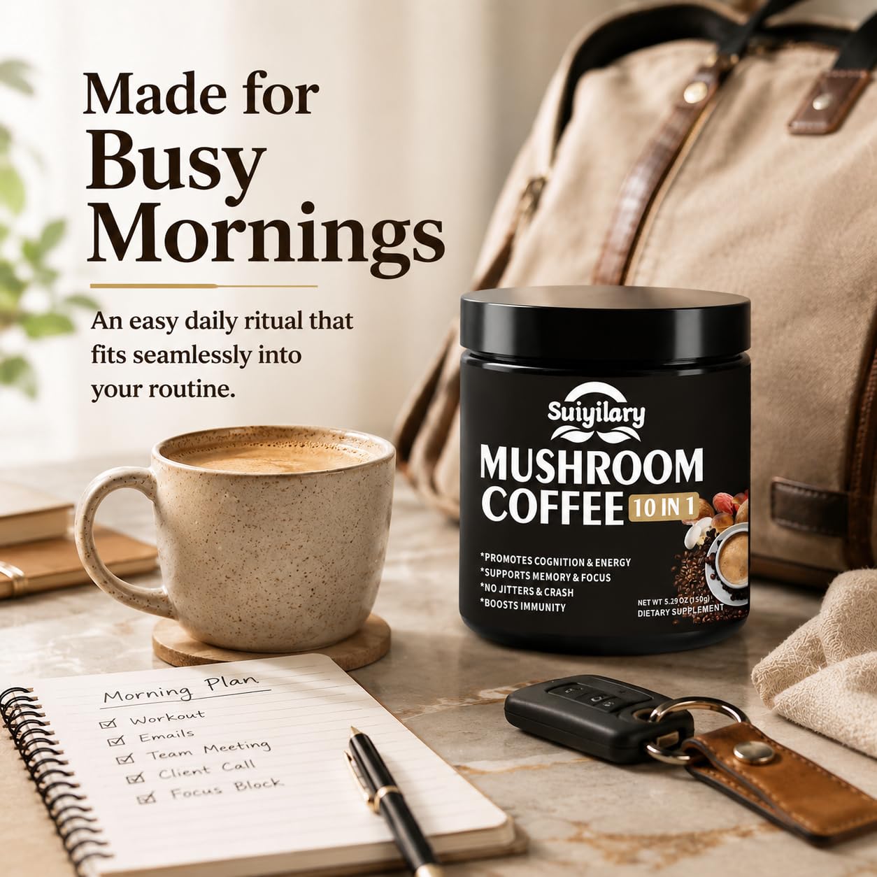 Suiyilary Mushroom Coffee Powder Blend with 10 Mushroom Extracts (Lion's Mane, Reishi, Chaga, Cordyceps, Turkey Tail), 5.3 oz