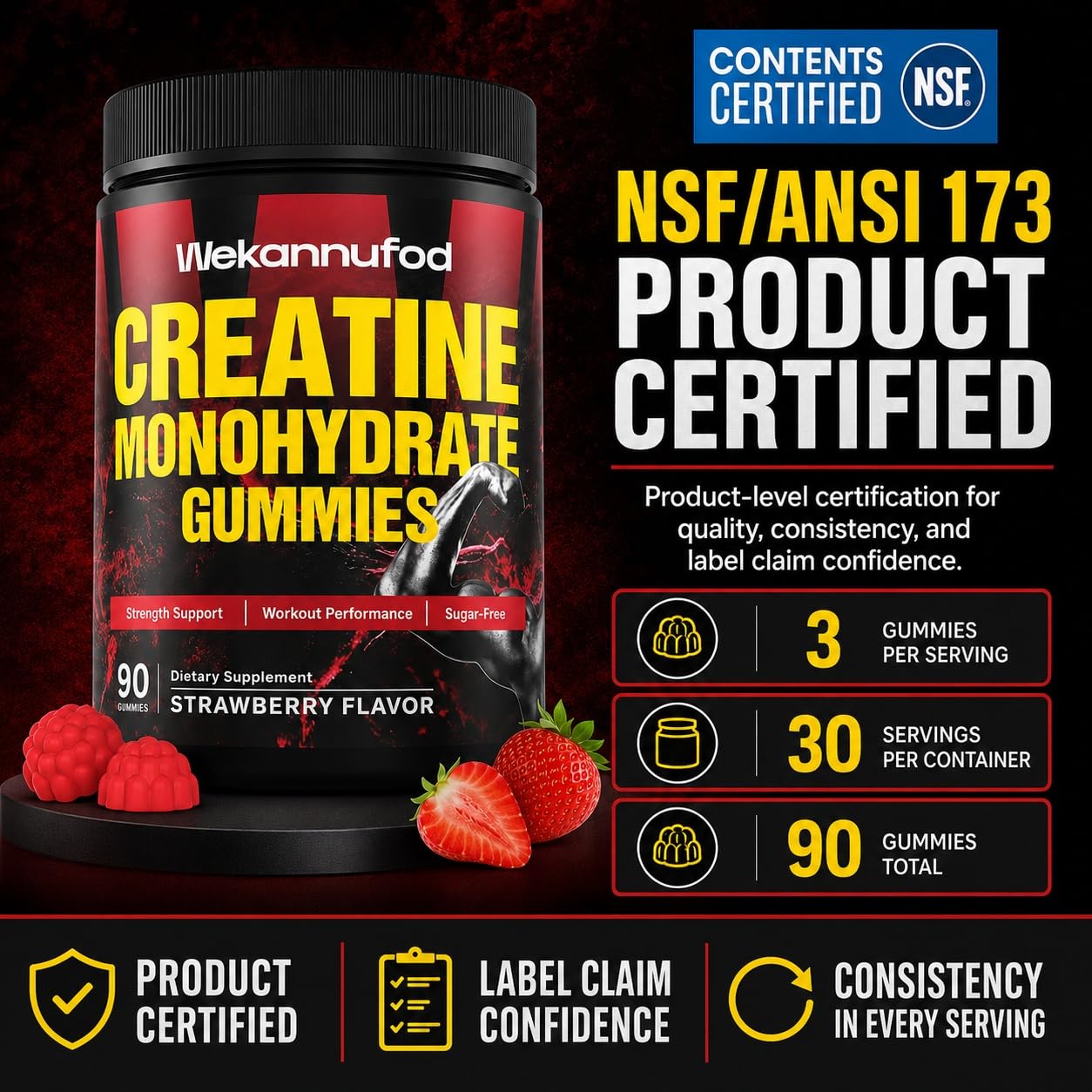 Wekannufod Creatine Monohydrate Gummies, 90 Count