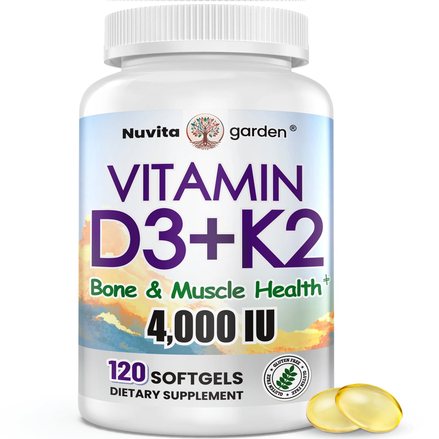 NuvitaGarden Vitamin D3 and K2, 4000 IU D3 and 200 mcg K2, 120 Softgels