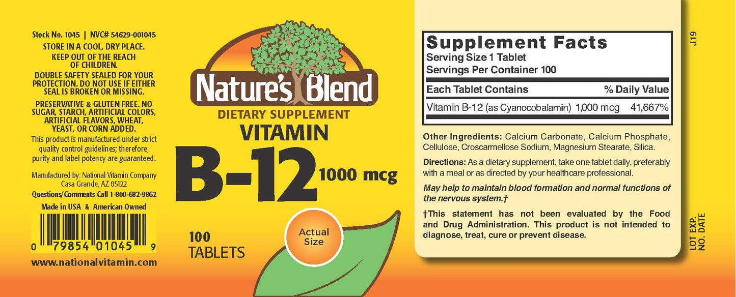 Nature's Blend Vitamin B-12 1000 MCG Tablet, 100 Tablets