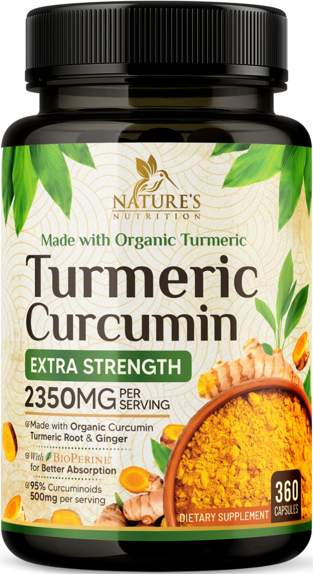 Nature's Nutrition Turmeric Curcumin Supplement 2350mg - 95% Curcuminoids with Organic Turmeric & Ginger, BioPerine Black Pepper for Absorption, Vegan Joint Support, Non-GMO, 360 Capsules