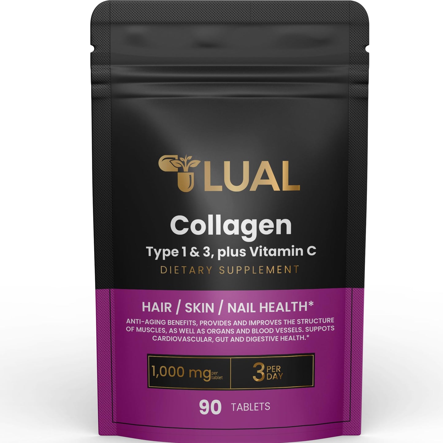 LUAL Collagen 1 & 3 + Vitamin C - Boost Skin Elasticity & Joint Health - 1,000mg, 90 Tablets