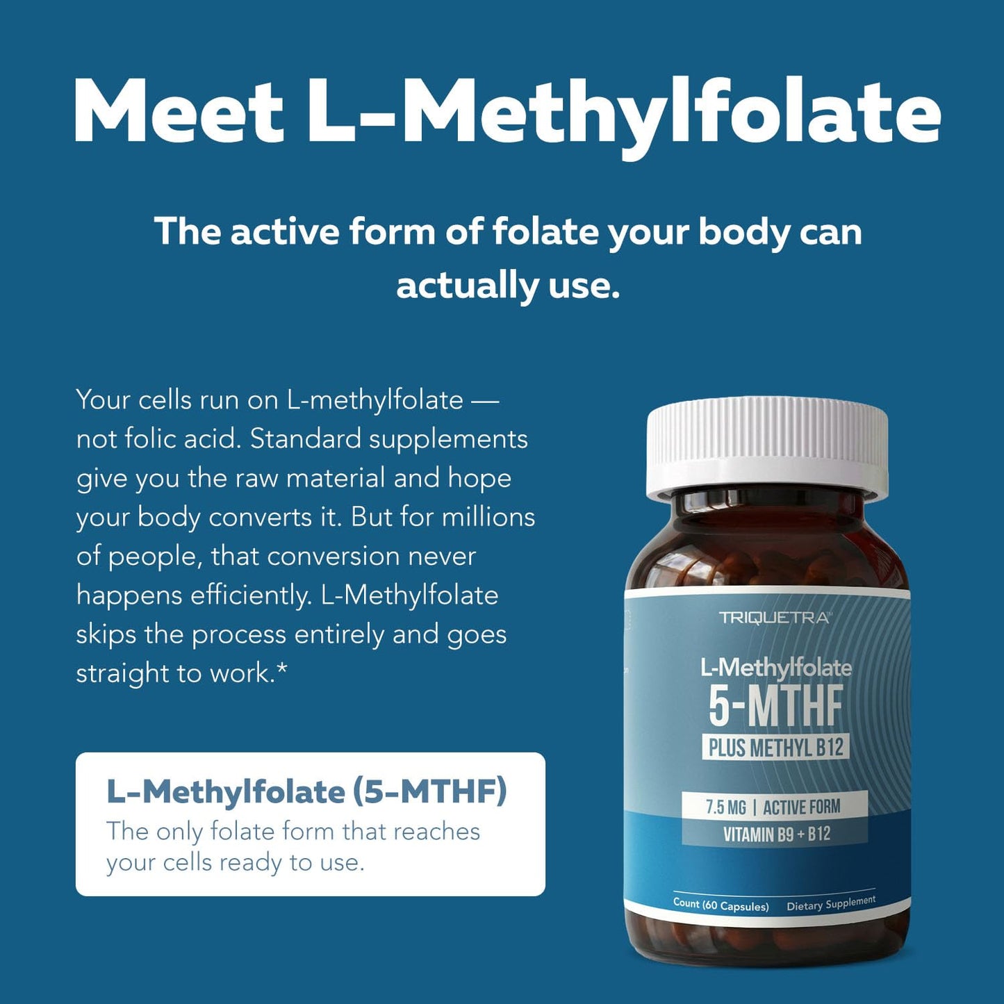 Triquetra Health L Methylfolate 7.5mg plus Methyl B12 - Active 5-MTHF Form, MTHFR Supplement - Bloodstream Ready Methylated Folate + B12 Cofactor - Supports Mood, Homocysteine Methylation, Cognition, 60 Capsules