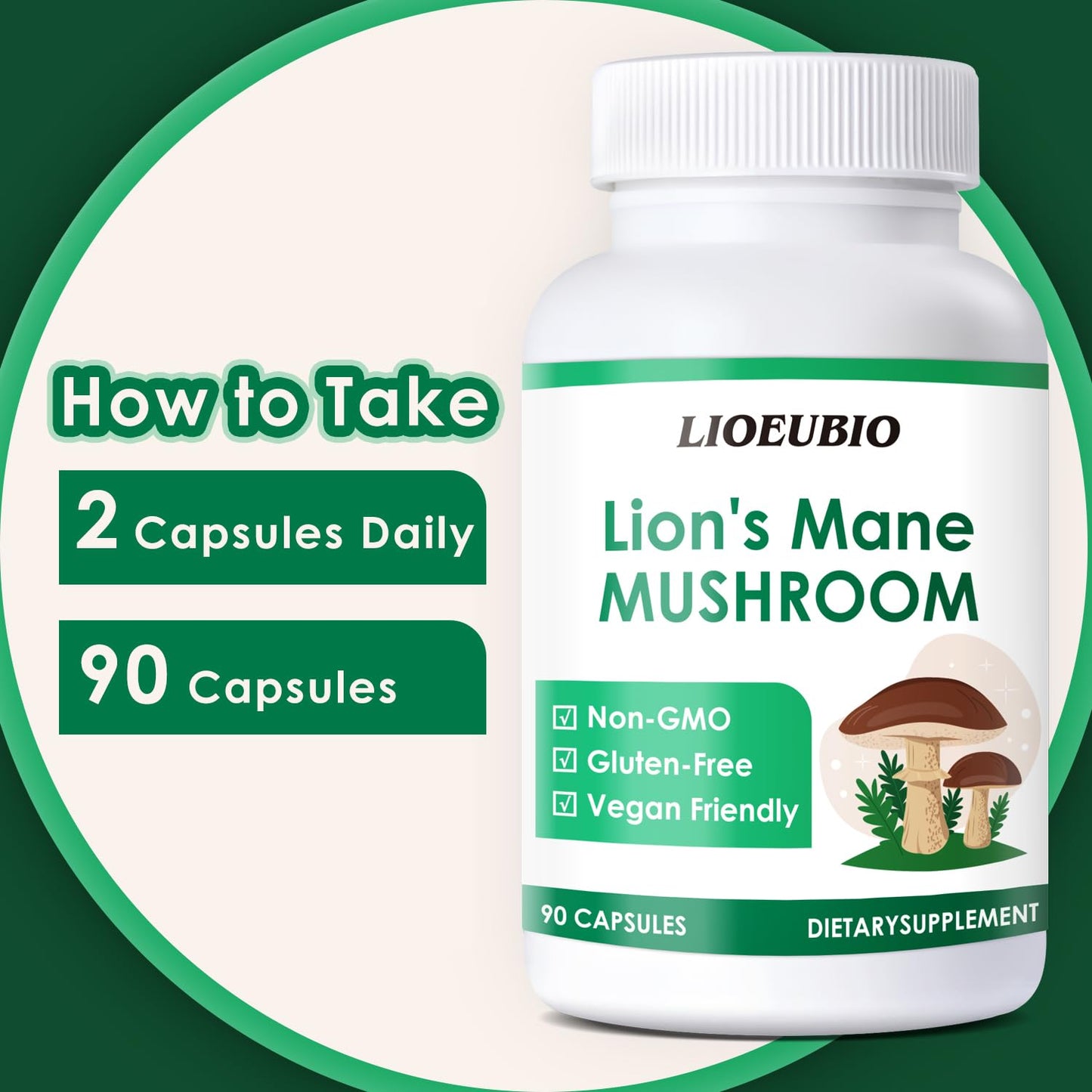 Generic LIOEUBIO Mushroom Complex with Lion’s Mane, Reishi, Cordyceps & Vitamin C, Non-GMO, 90 Capsules