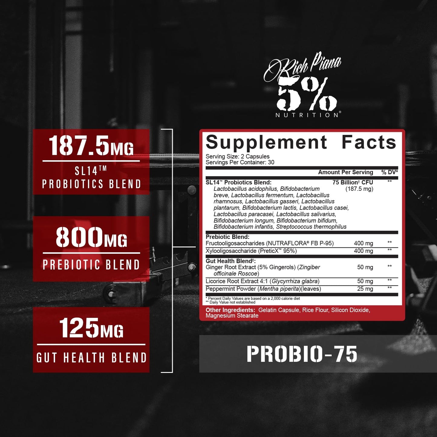 5% Nutrition Rich Piana Probio-75 Billion CFUs Capsules, 60 Count