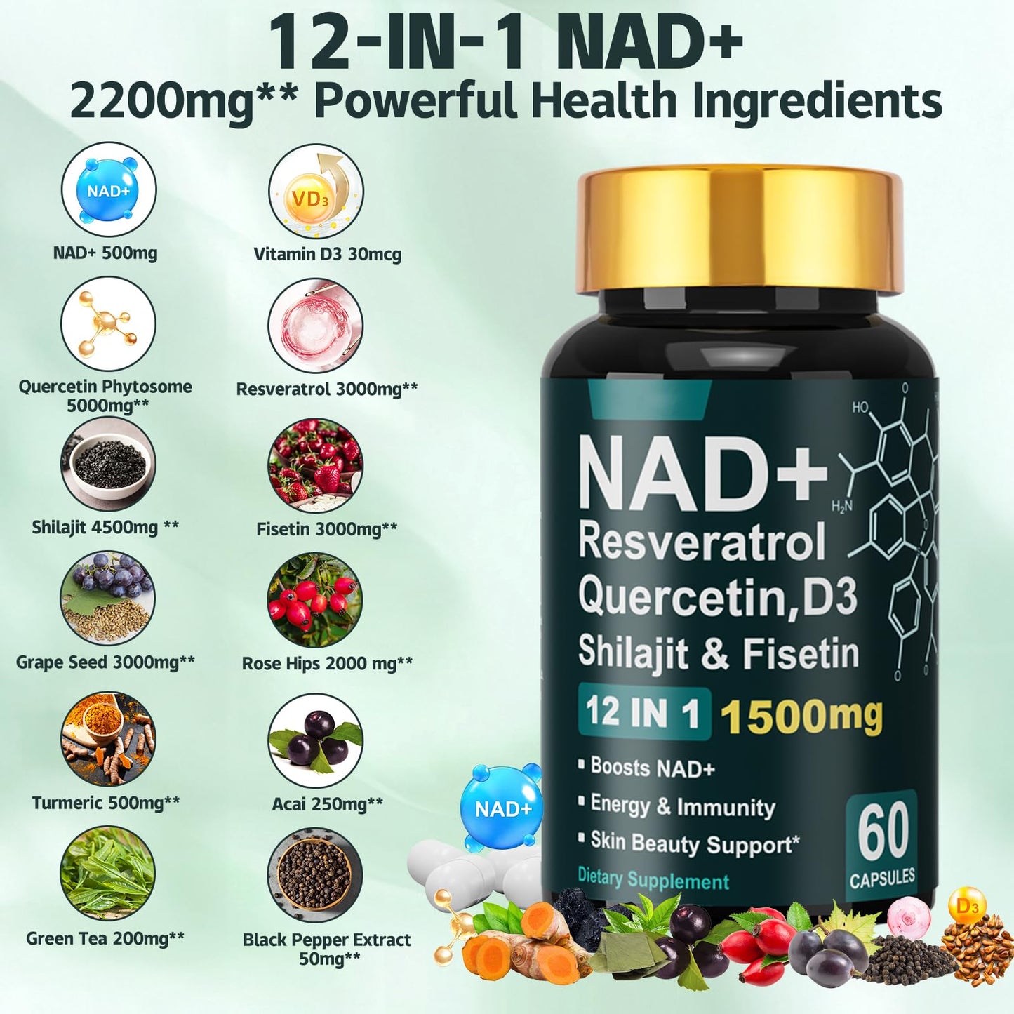 Dr. HR NAD+ Capsule 1500mg with Resveratrol, Vitamin D3, Quercetin & Fisetin – Supports Energy, Skin Health, Vitality & Immunity, 60 Capsules