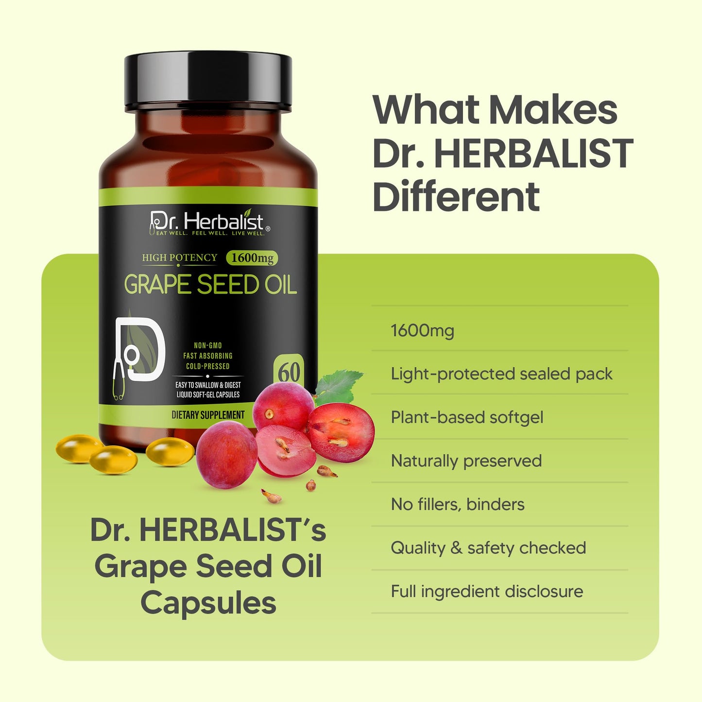 Dr. HERBALIST Grape Seed Oil Softgel Capsule, 60 Count