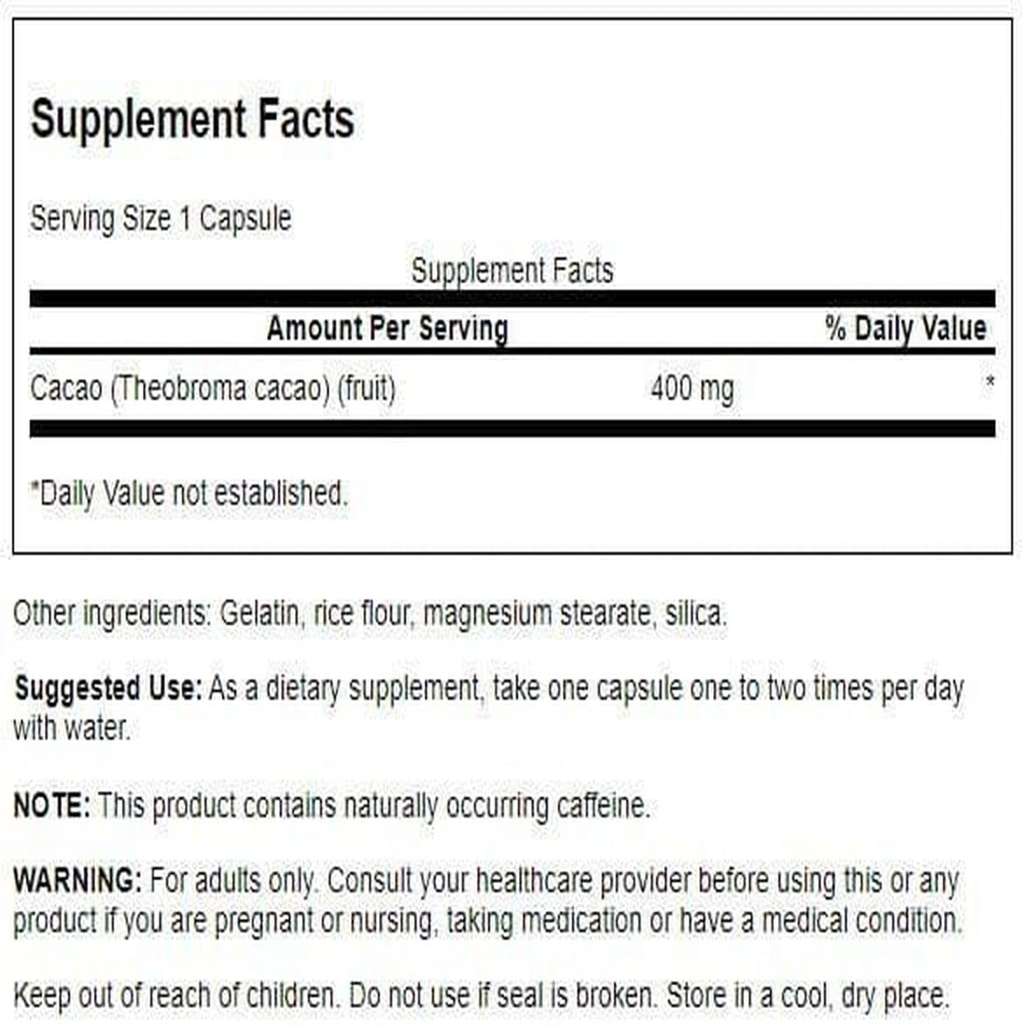 Swanson Full Spectrum Cacao (Raw Cocoa) - Herbal Supplement Promoting Mild Energy Support - Traditional Whole Fruit Formula, 60 Capsules