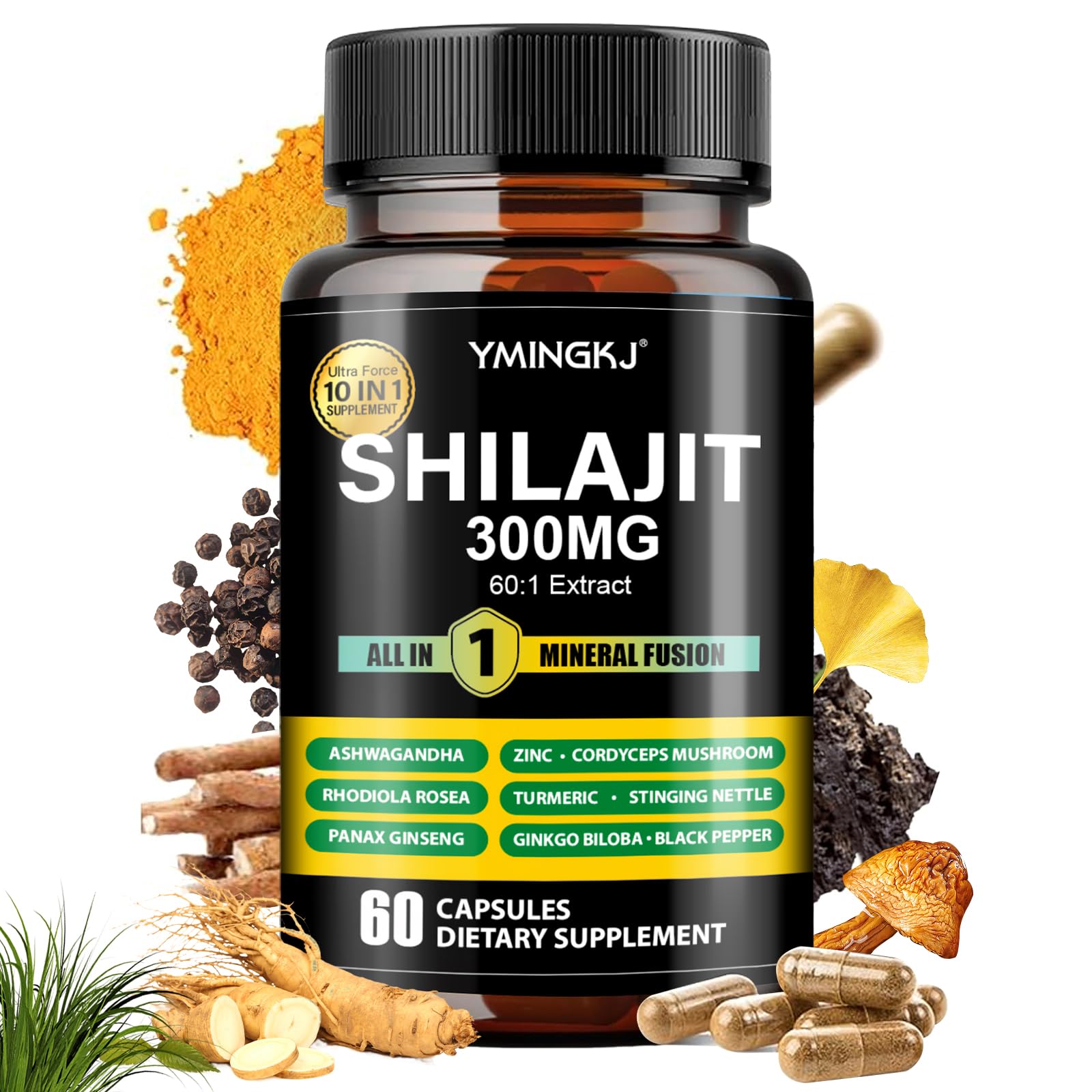 YMINGKJ Shilajit Capsules 10 in 1 Supplement with Ashwagandha, Rhodiola Rosea, Panax Ginseng, Cordyceps, Turmeric, Ginkgo, Fulvic Acid Trace Minerals Supplement for Men & Women, 120 Count