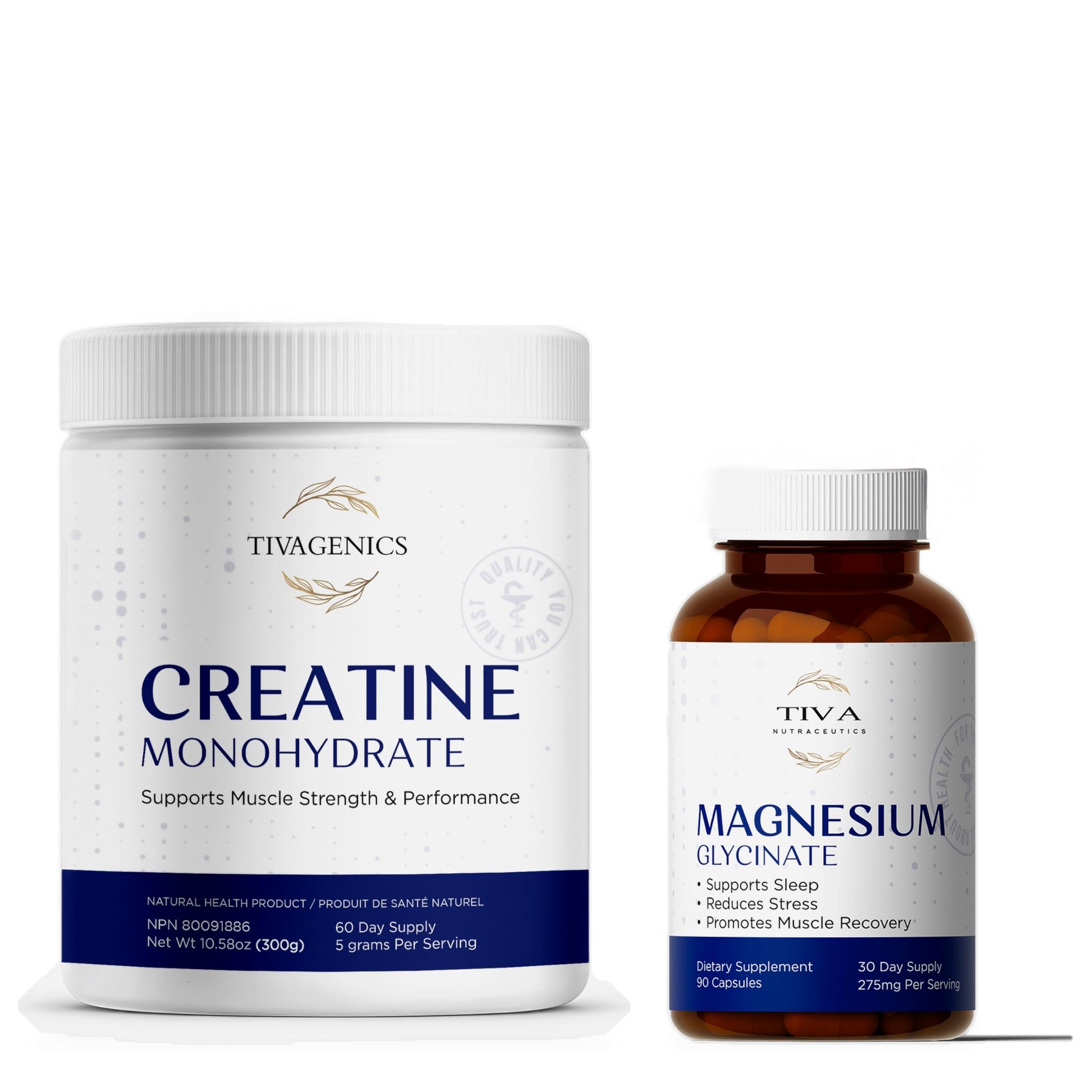 TIVAGENICS Creatine Monohydrate + Magnesium Glycinate Supplement, Unflavored Powder + 90 Capsules