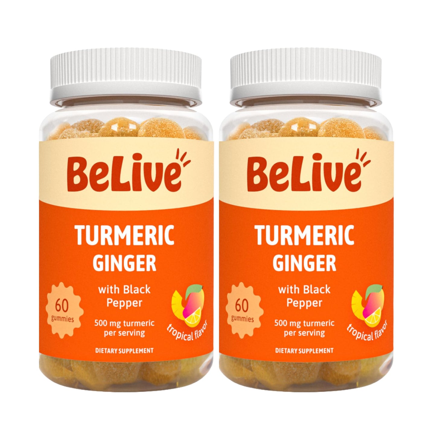 BeLive Turmeric and Ginger Gummies 500mg - Joint and Mobility Support - Curcumin with Black Pepper for Enhanced Absorption - Tropical Flavor, 120 Count