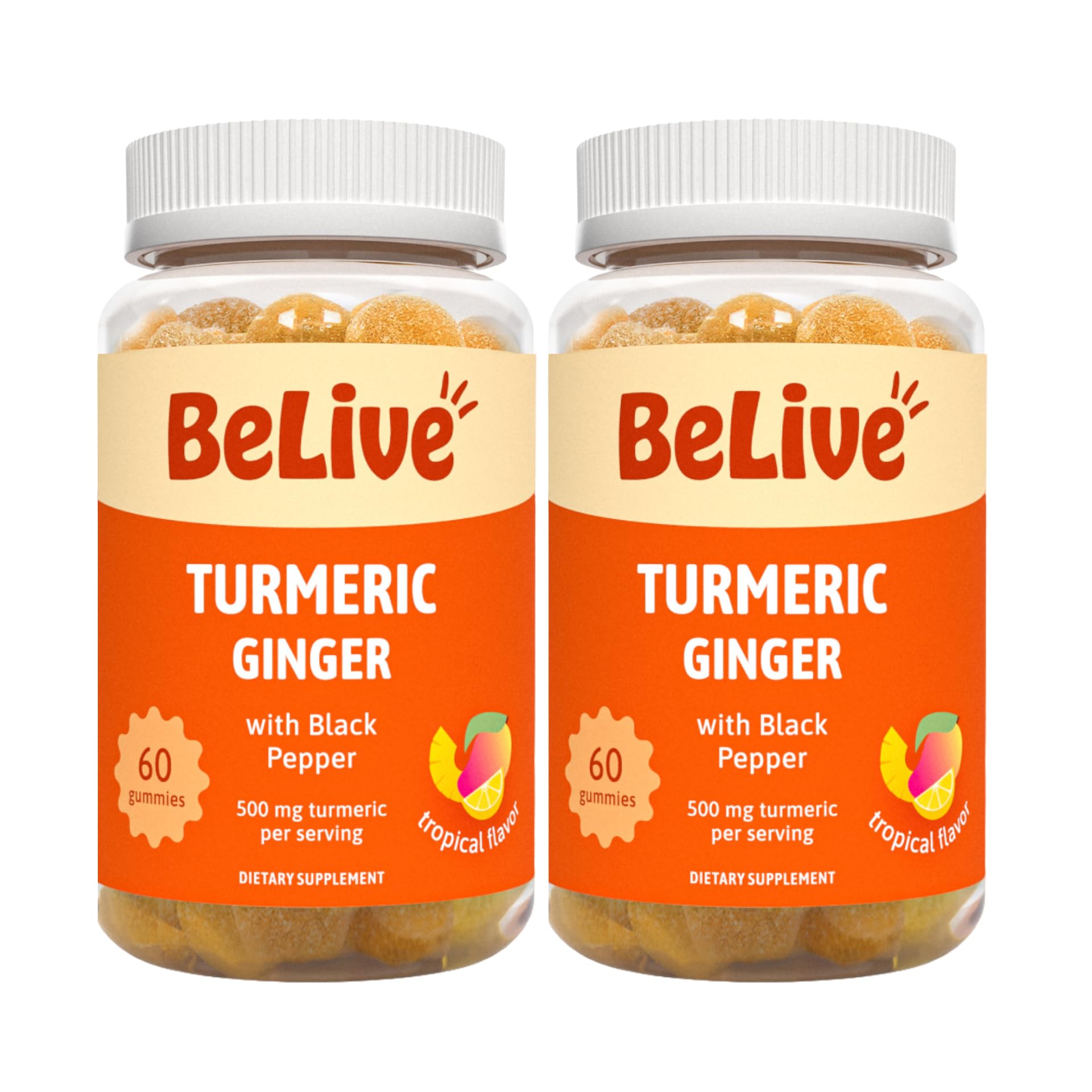 BeLive Turmeric and Ginger Gummies 500mg - Joint and Mobility Support - Curcumin with Black Pepper for Enhanced Absorption - Tropical Flavor, 120 Count